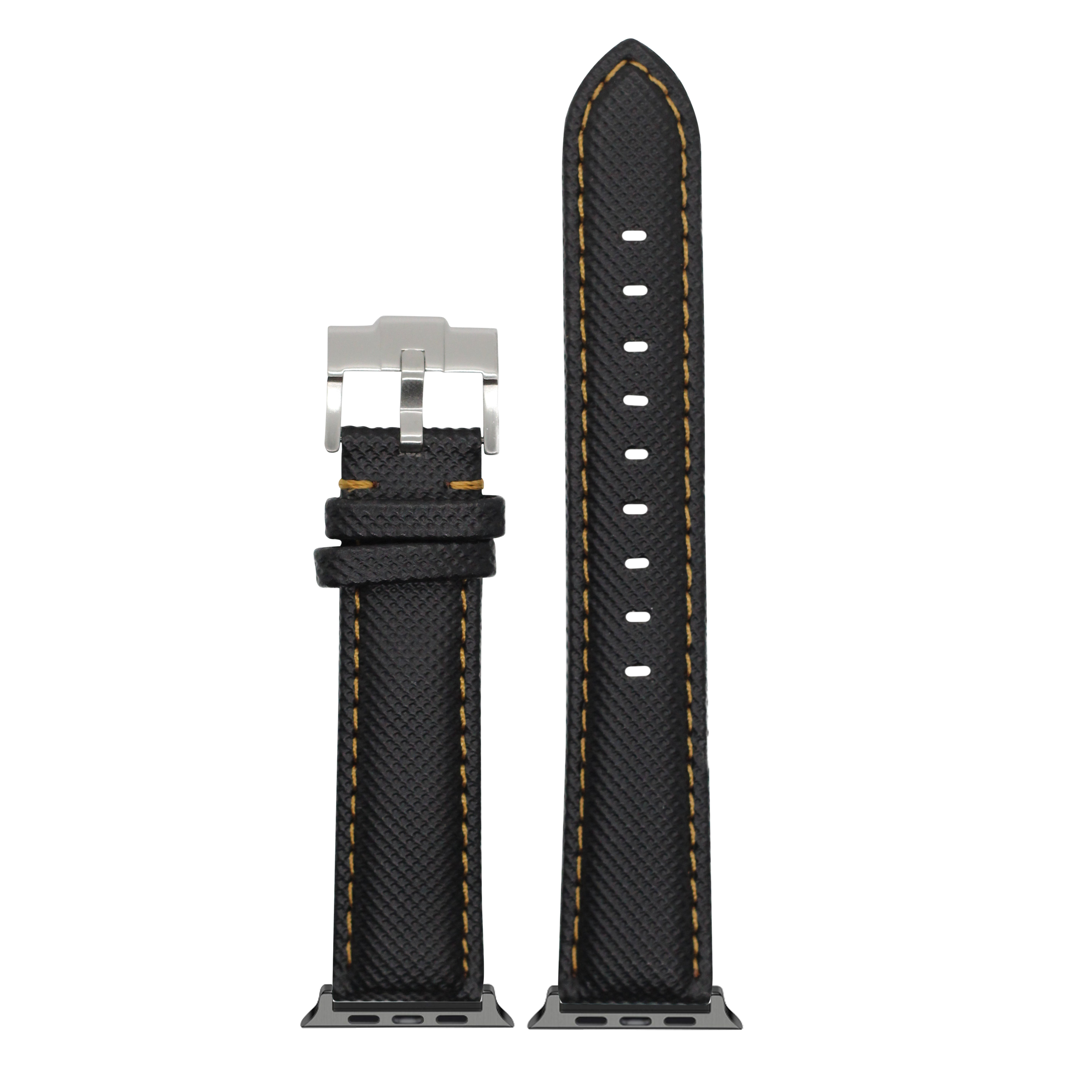 Black sailcloth Apple Watch band with gold stitching and silver buckle clasp