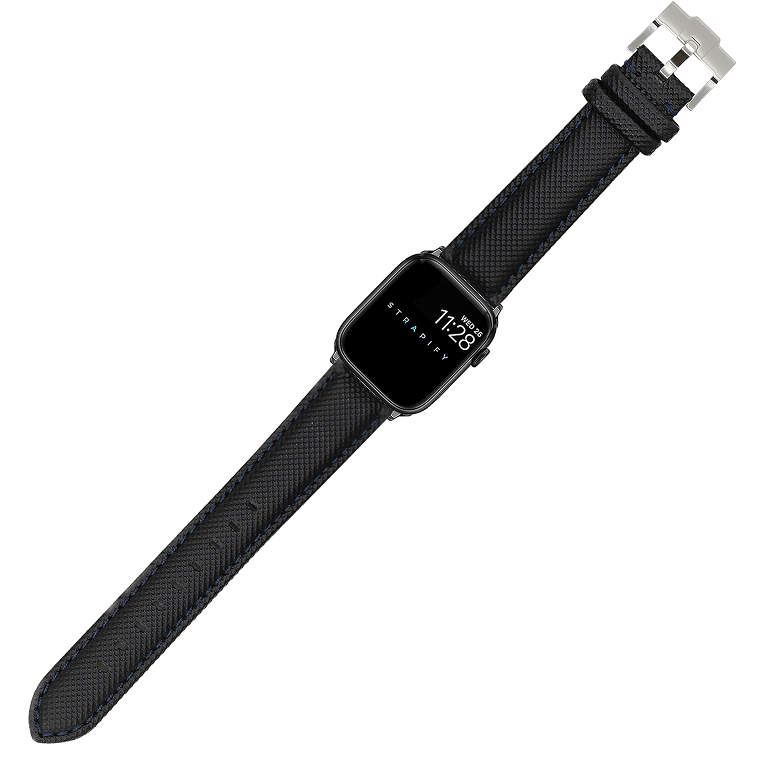 Black sailcloth Apple Watch band with navy blue stitching and stainless steel buckle