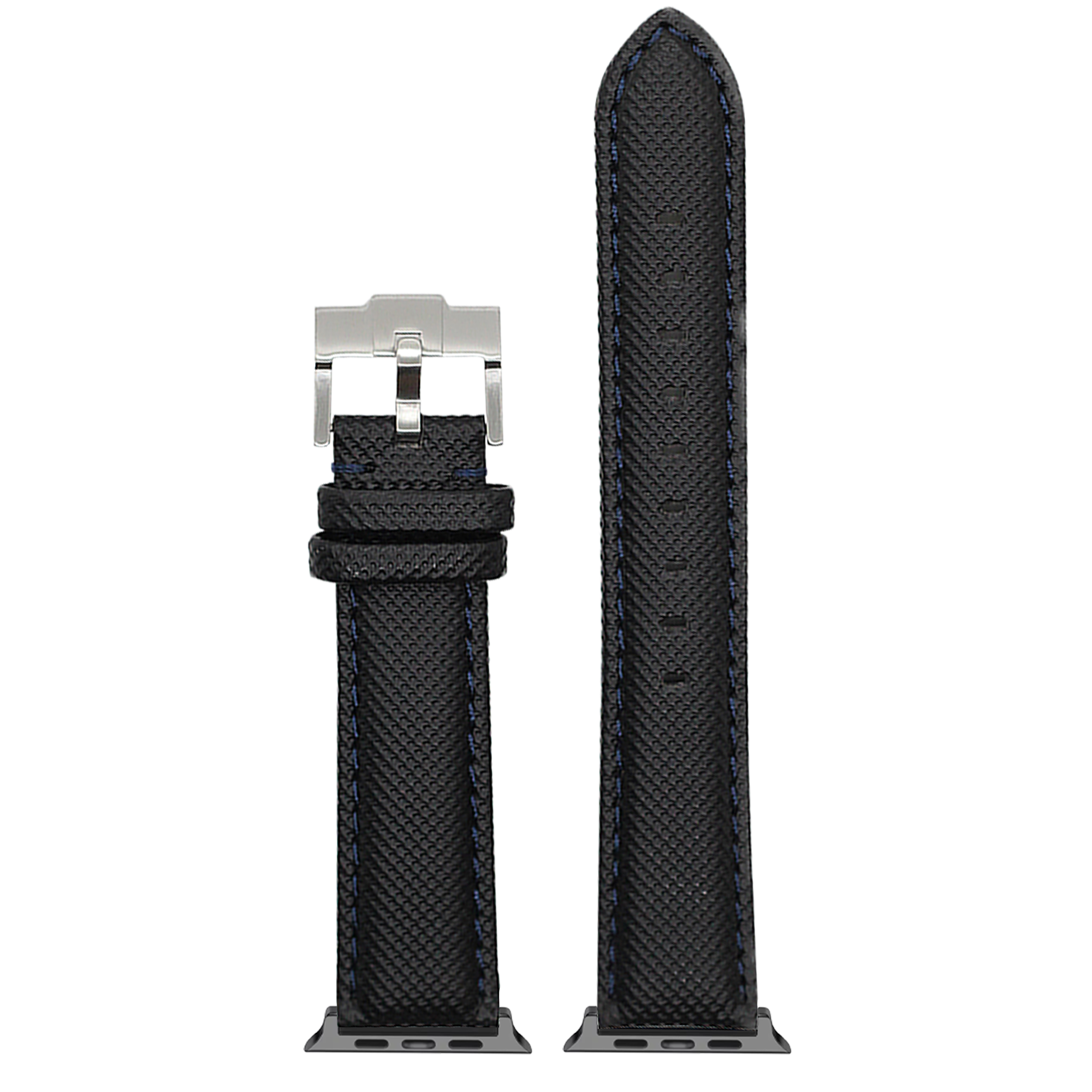 Black sailcloth Apple Watch band with navy blue stitching and silver buckle connector
