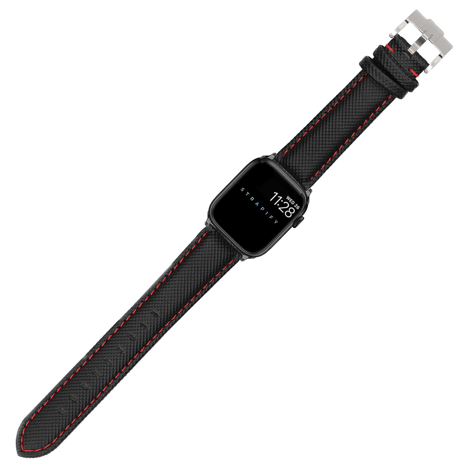 Black sailcloth Apple Watch band with red contrast stitching and silver buckle clasp