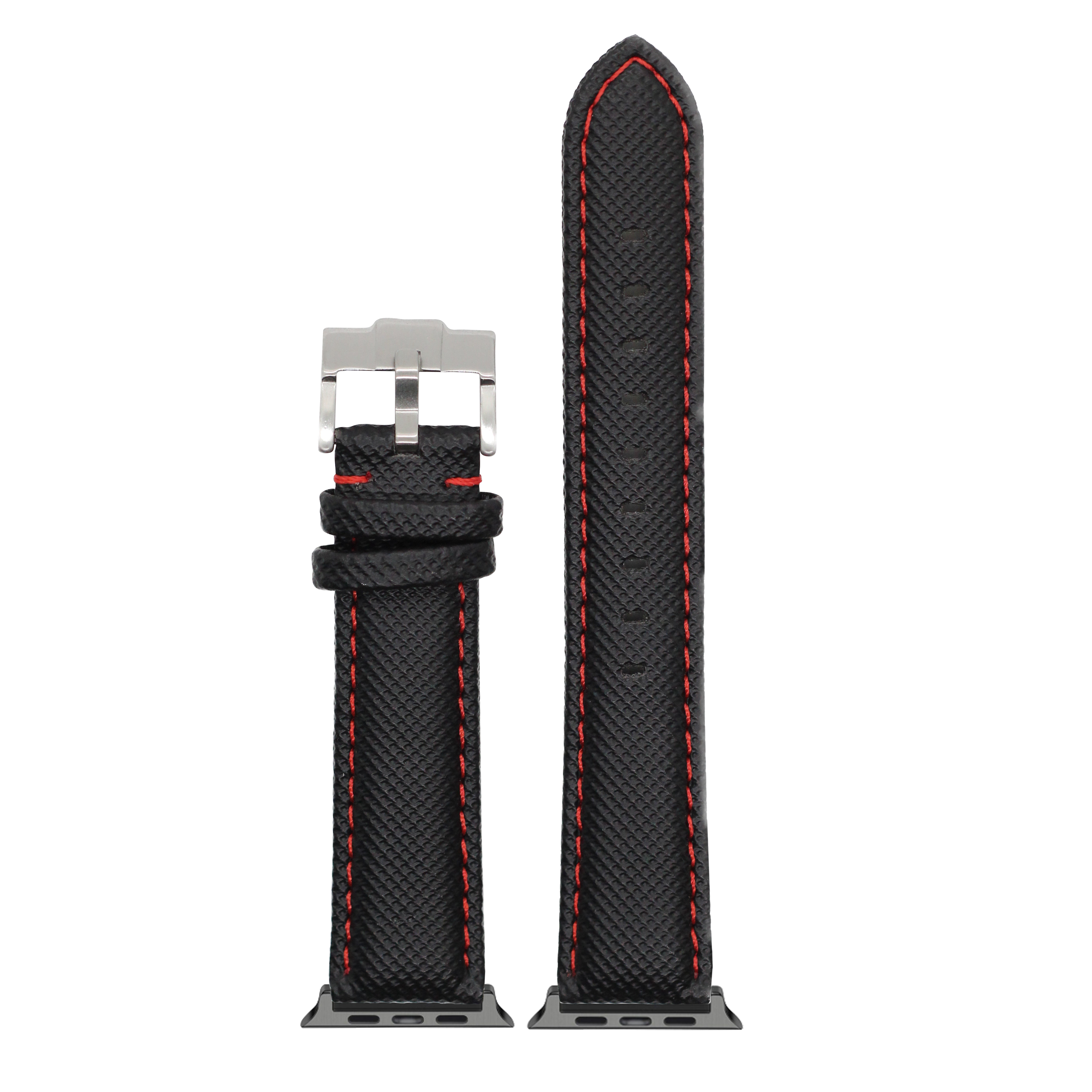 Black sailcloth Apple Watch band with red stitching and stainless steel buckle