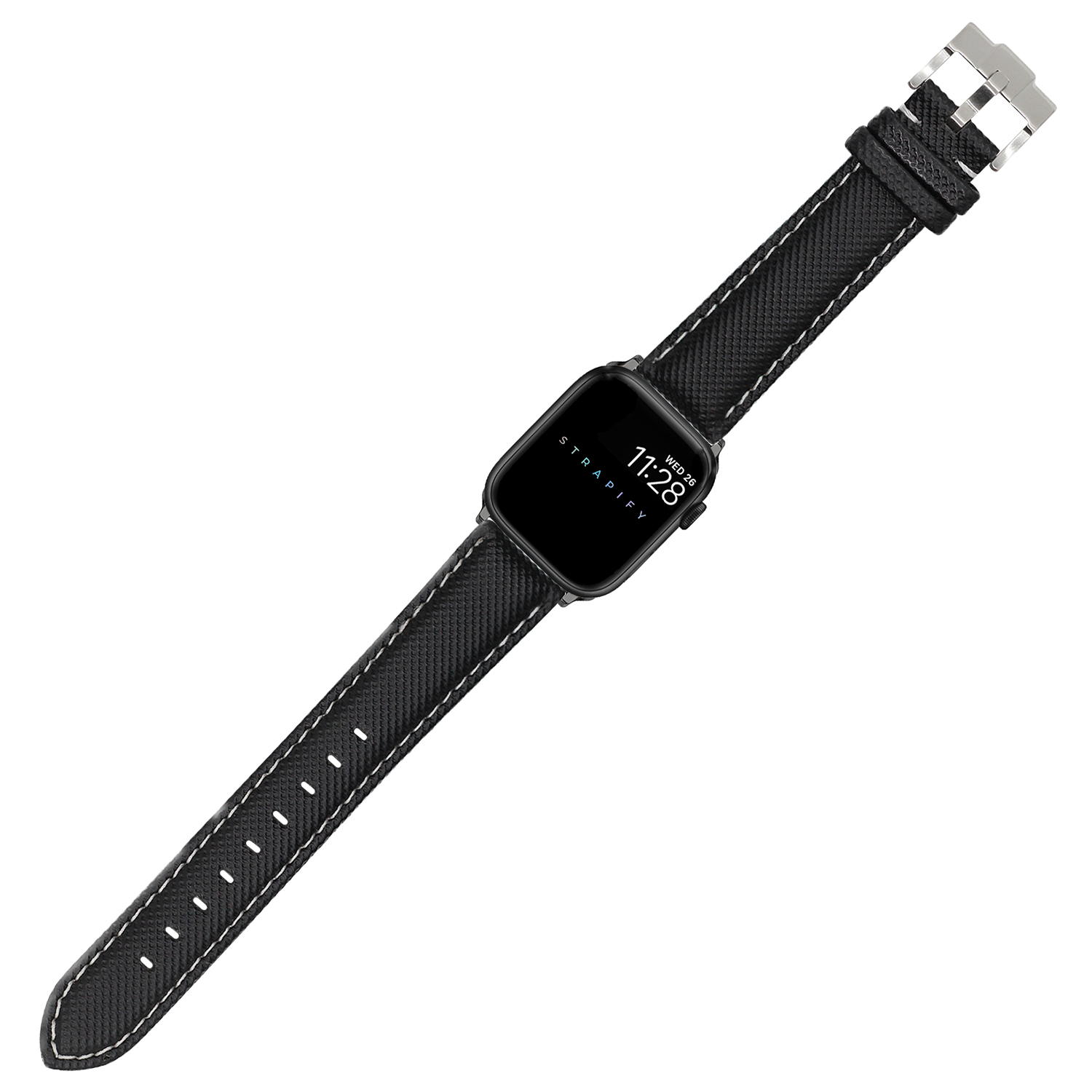 Black sailcloth Apple Watch band with white stitching and stainless steel buckle on smartwatch