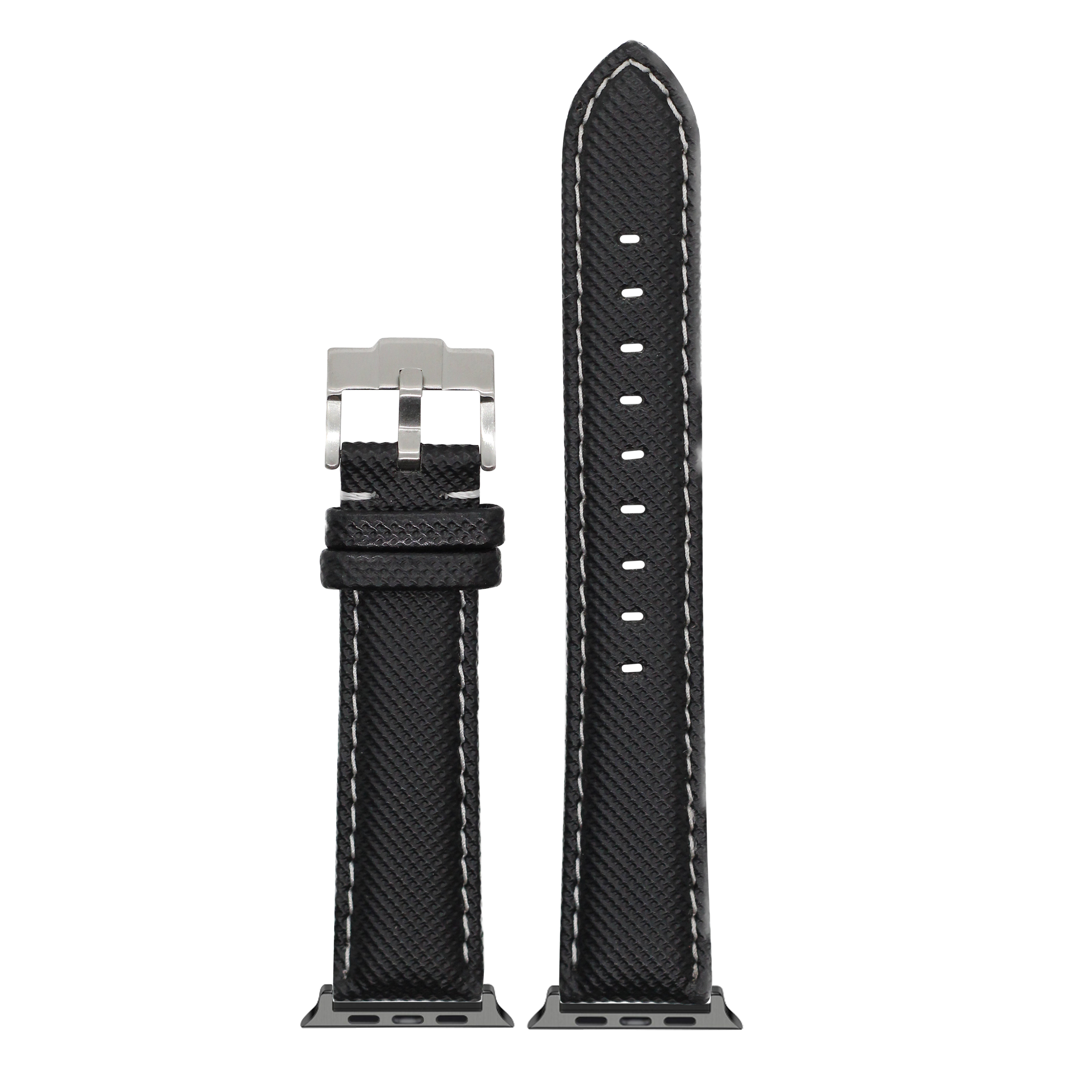 Black sailcloth Apple Watch band with white stitching and stainless steel buckle connector