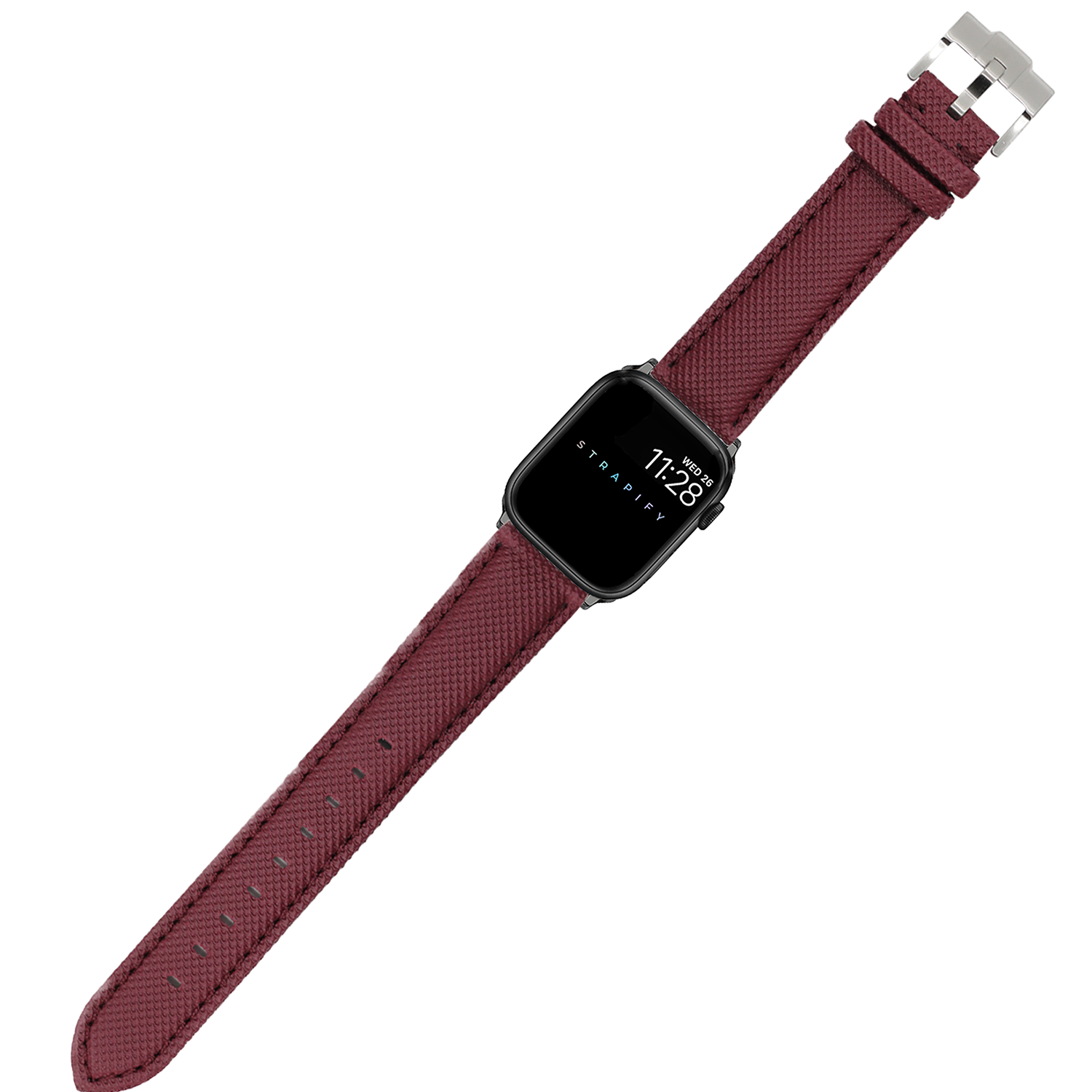 Burgundy red sailcloth smartwatch band with silver stainless steel buckle and black square watch face displaying time