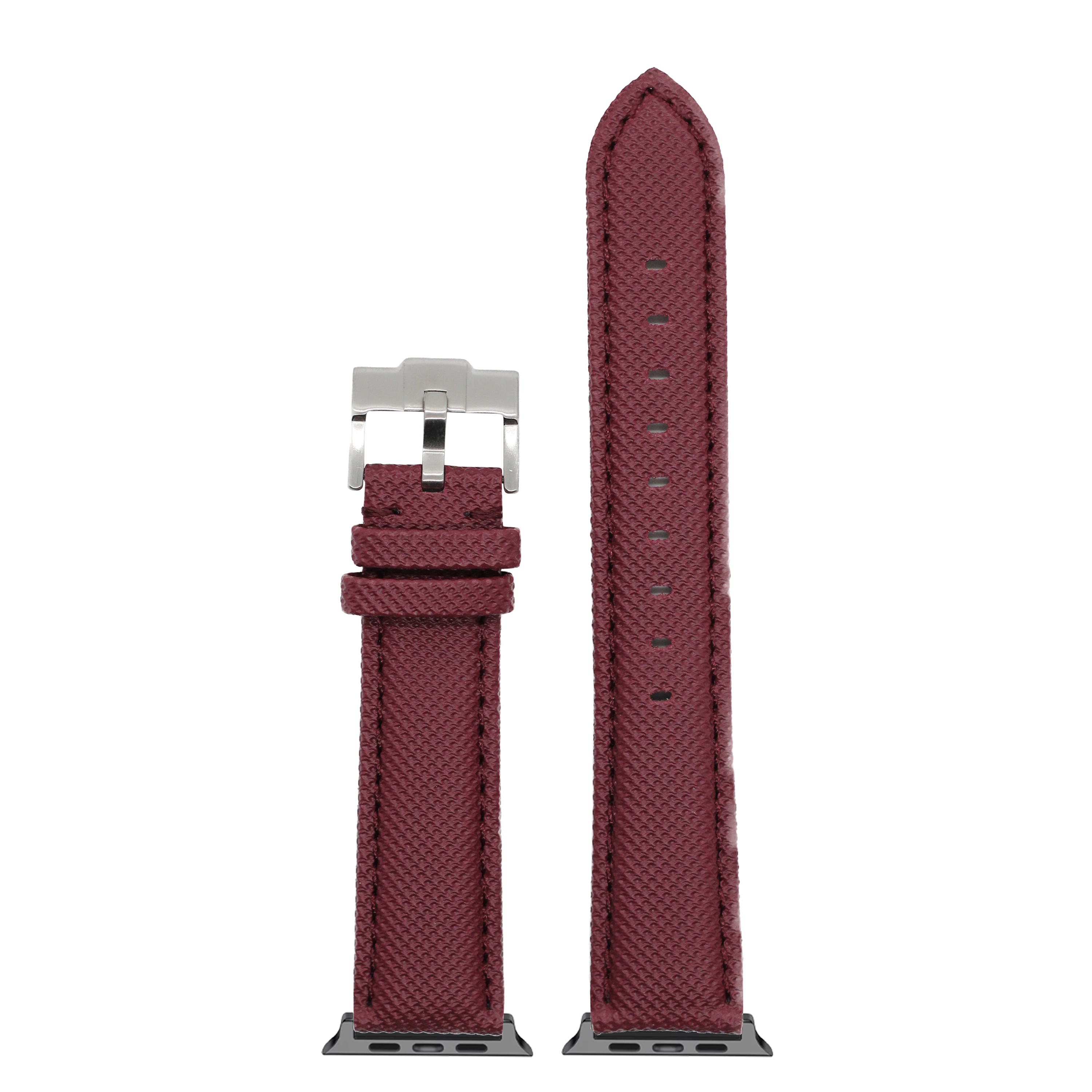Burgundy red sailcloth Apple Watch band with silver buckle, shown assembled on watch connector and unattached strap