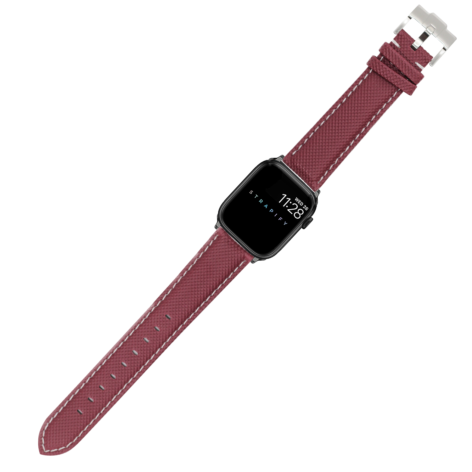 Burgundy red sailcloth Apple Watch band with white stitching and silver buckle clasp
