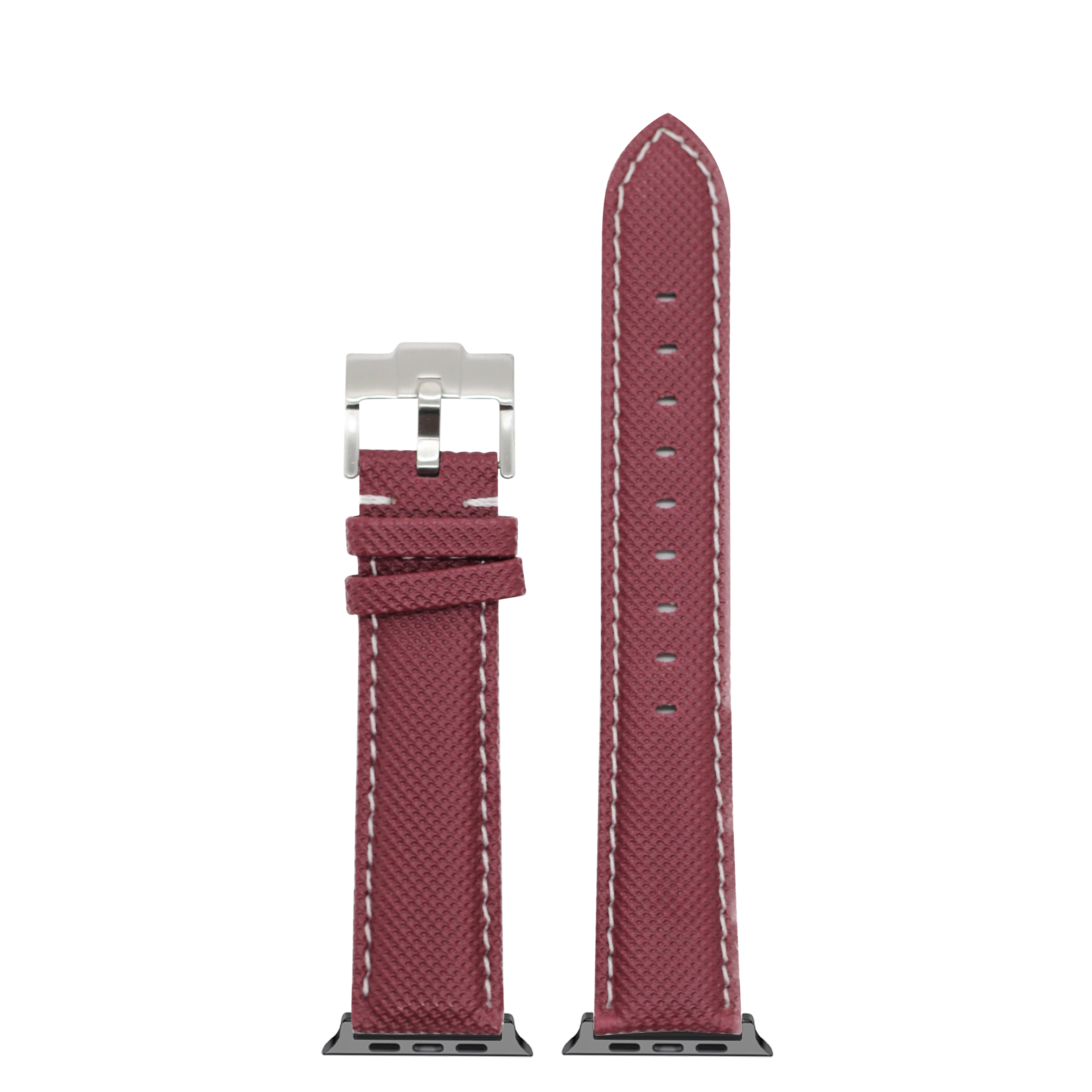 Burgundy red sailcloth Apple Watch band with white stitching and silver buckle connector