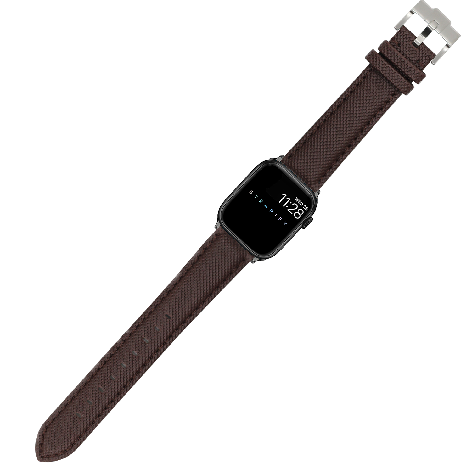 Smartwatch with square black face displaying time 11:28 and coffee brown sailcloth band with silver buckle clasp