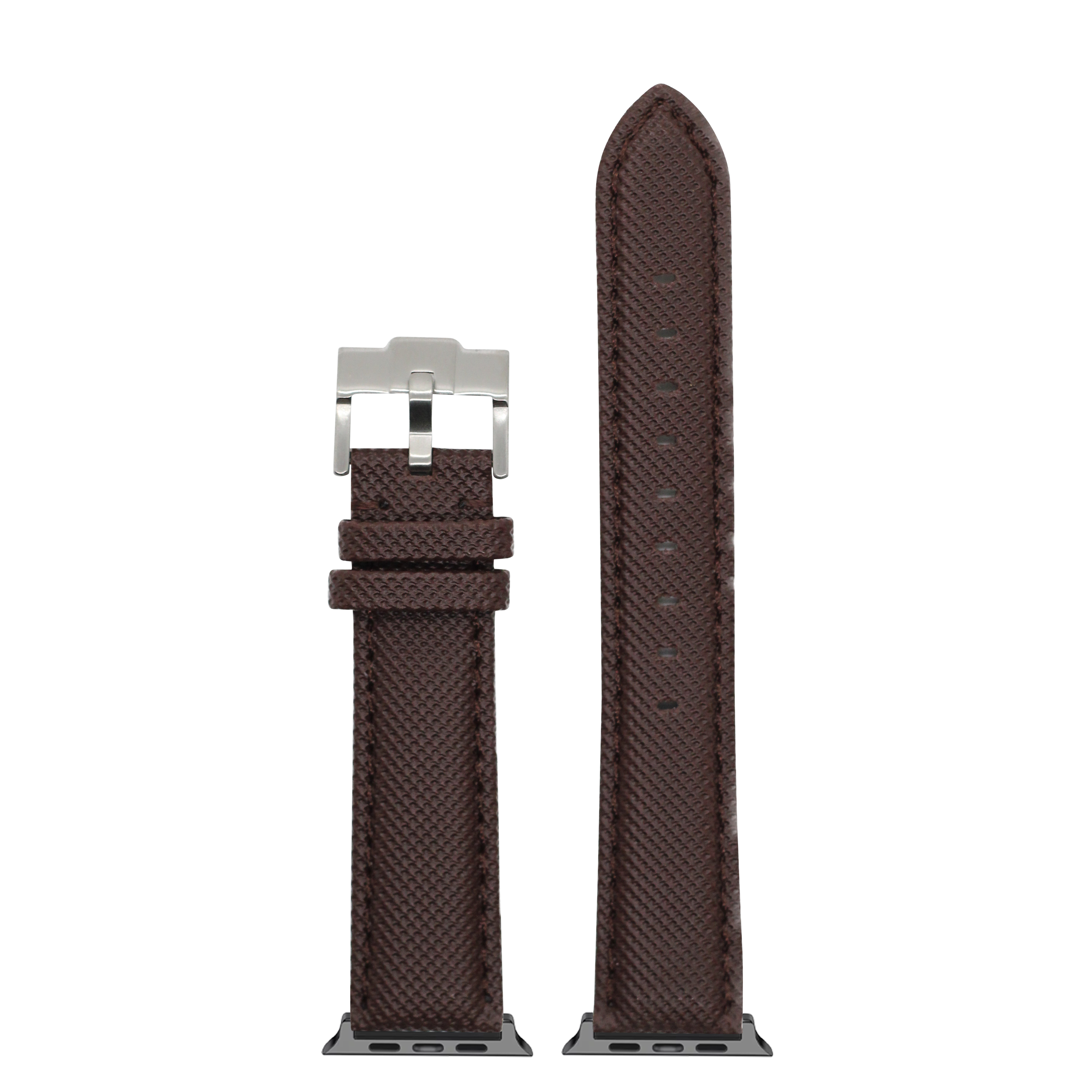 Brown sailcloth Apple Watch band with silver buckle, displayed assembled and unassembled