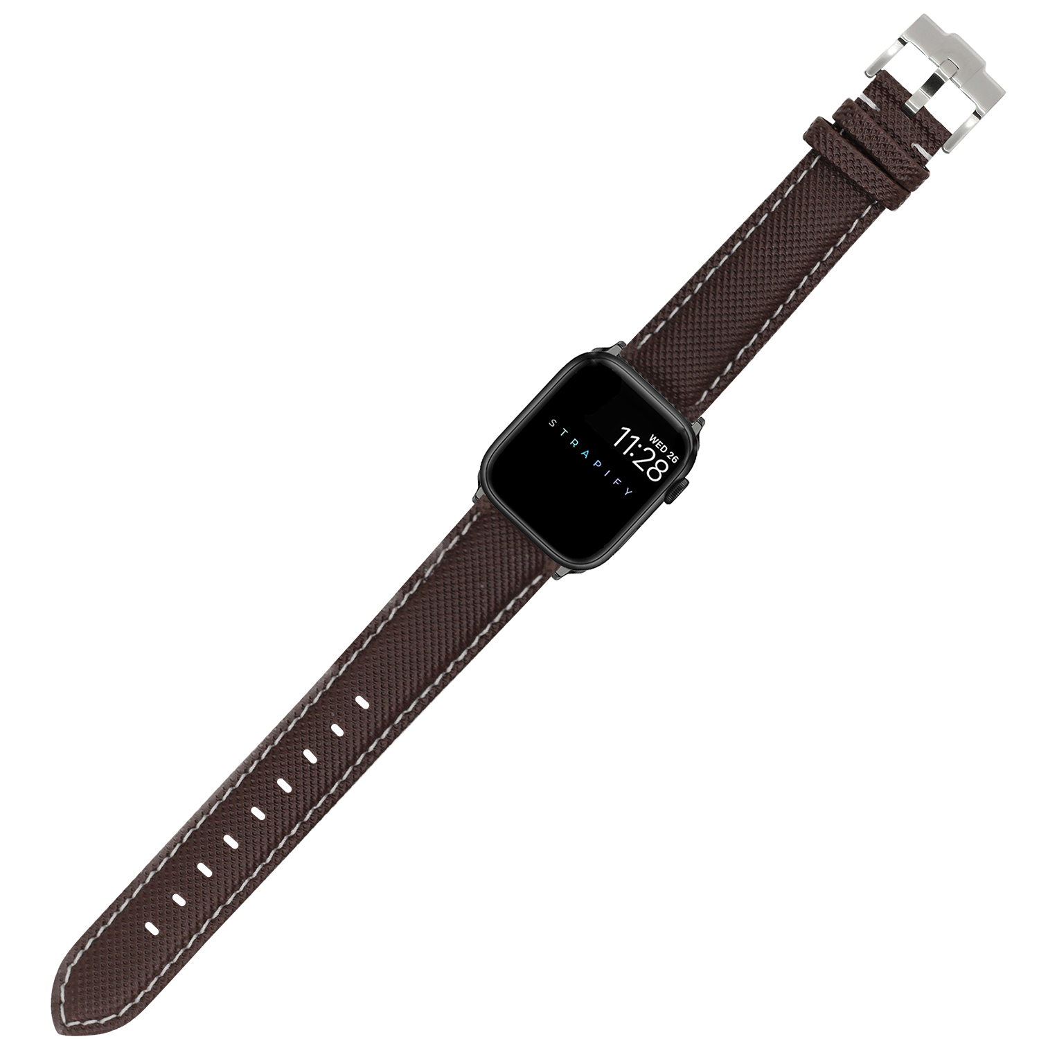 Apple Watch with coffee brown sailcloth band and white stitching, square black face displaying time, silver buckle clasp