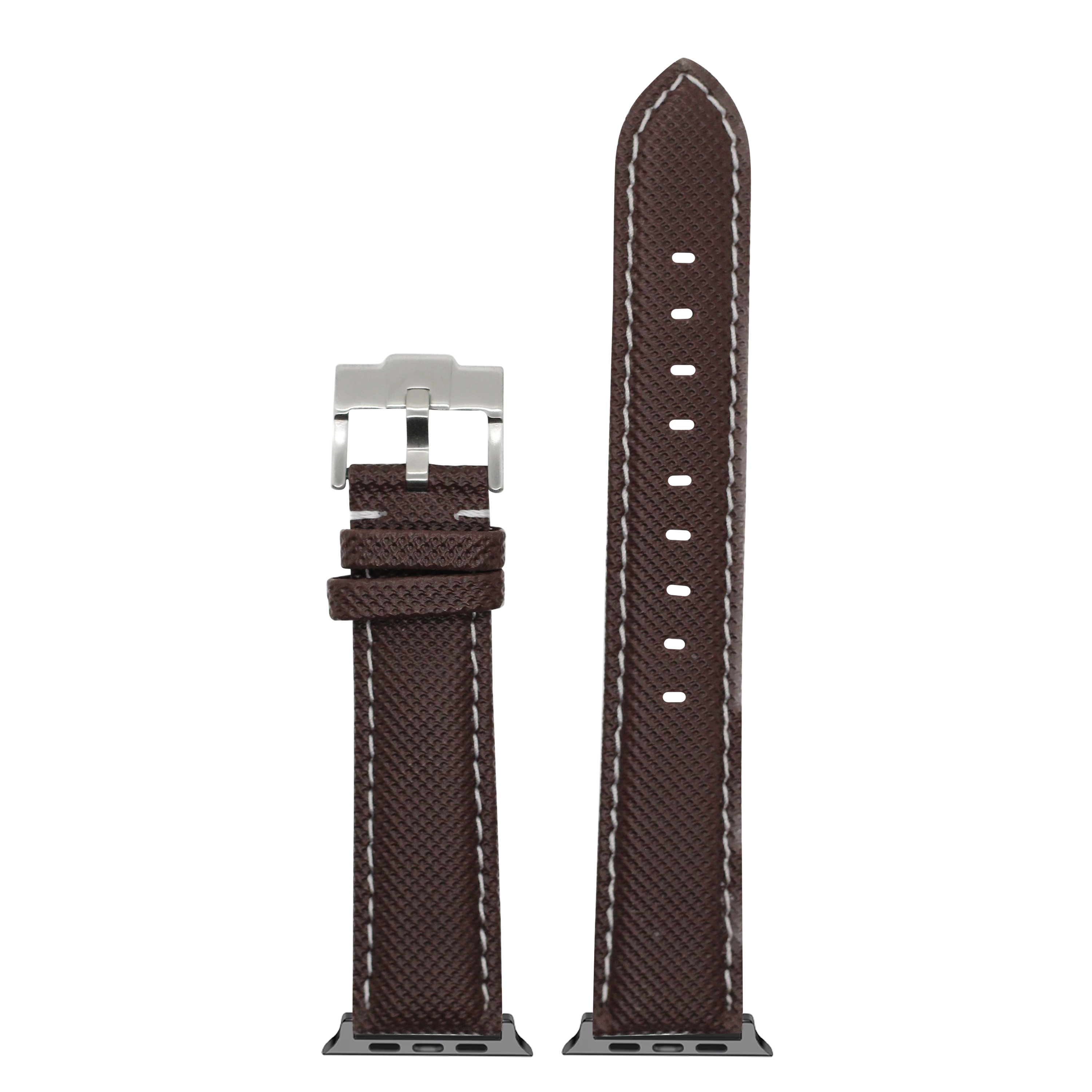 Brown sailcloth Apple Watch band with white stitching and stainless steel buckle