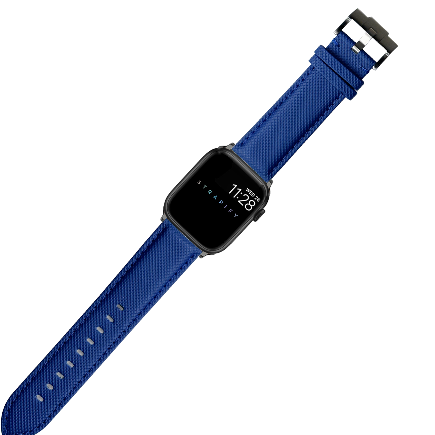 Apple Watch with electric blue sailcloth band and black stainless steel case displaying time 11:28