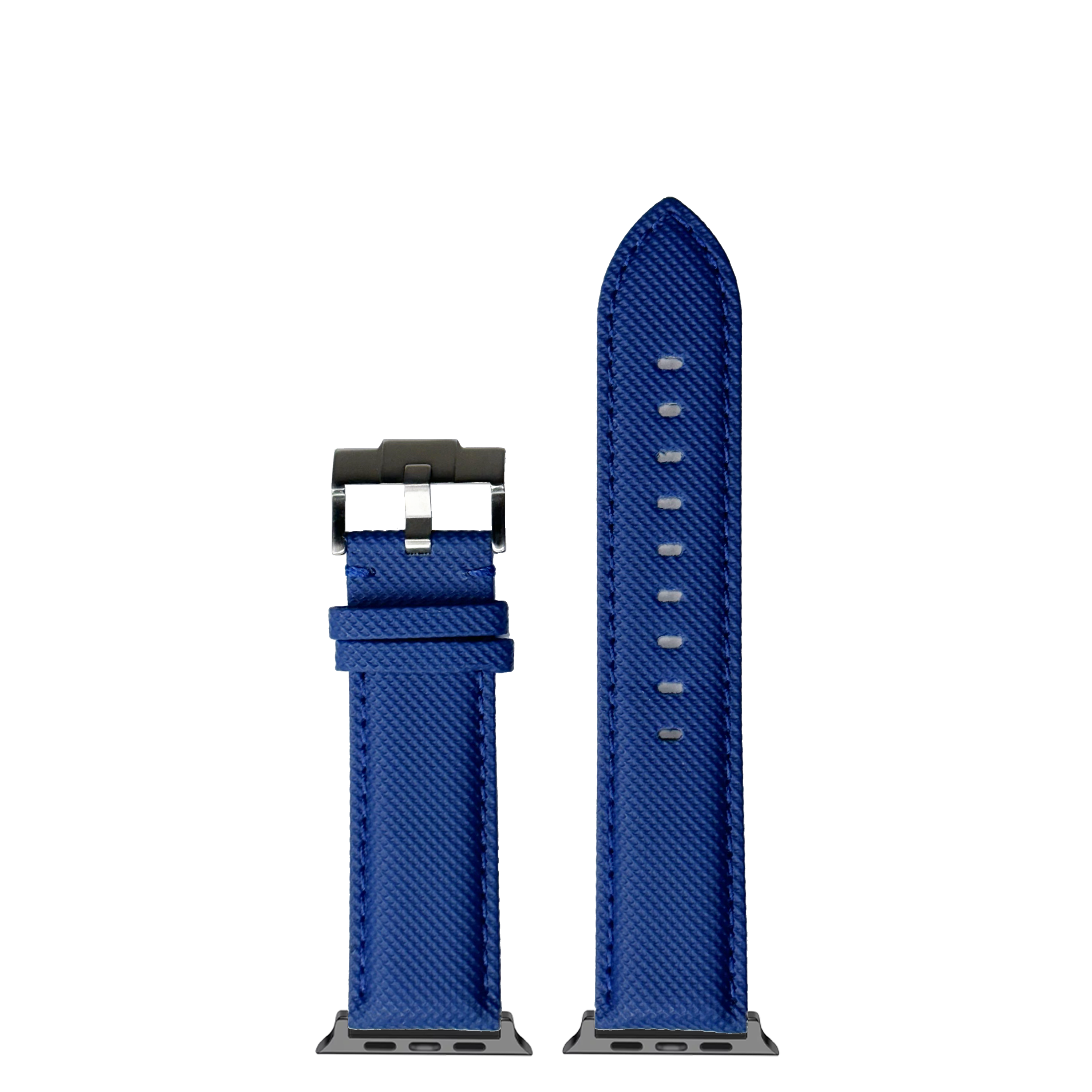 Blue sailcloth Apple Watch band with black stainless steel connector and adjustable strap with pin holes