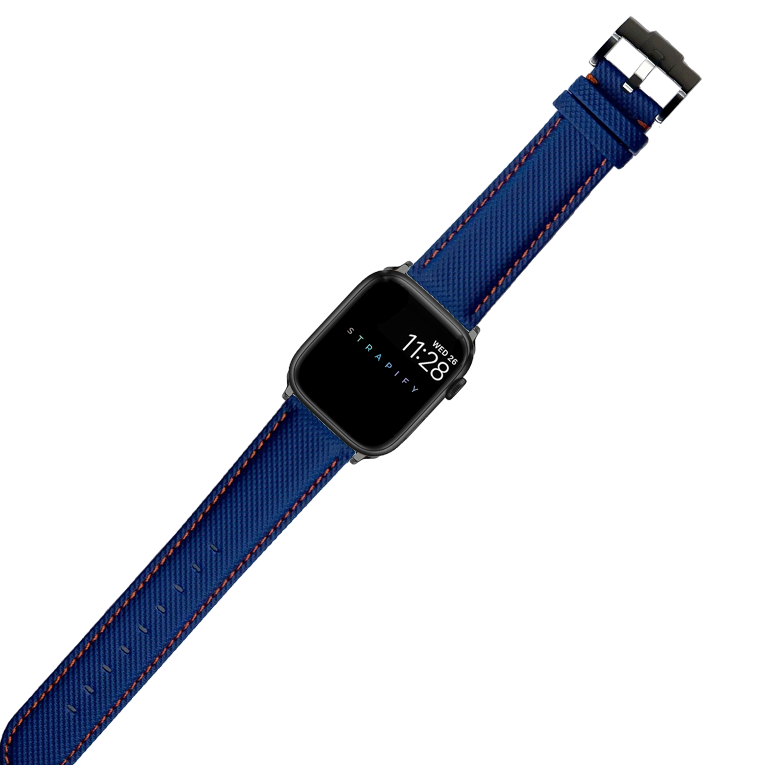 Smartwatch with black square case and blue sailcloth band featuring orange stitching and silver buckle hardware