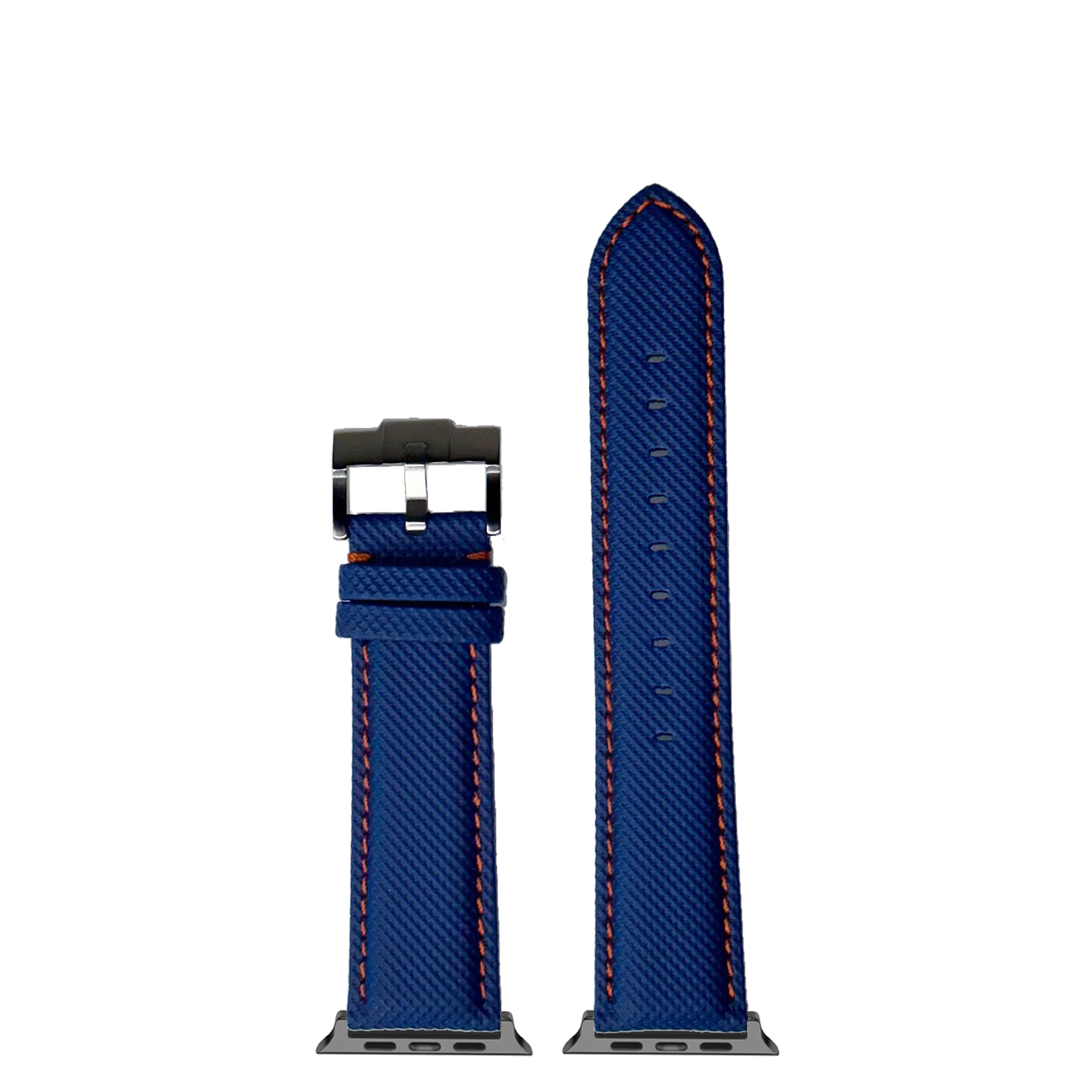Blue sailcloth Apple Watch band with orange stitching and stainless steel buckle