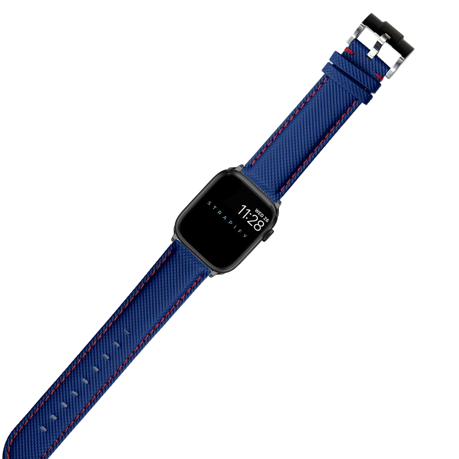 Smartwatch with black square face displaying time on blue sailcloth band with red stitching and silver buckle clasp