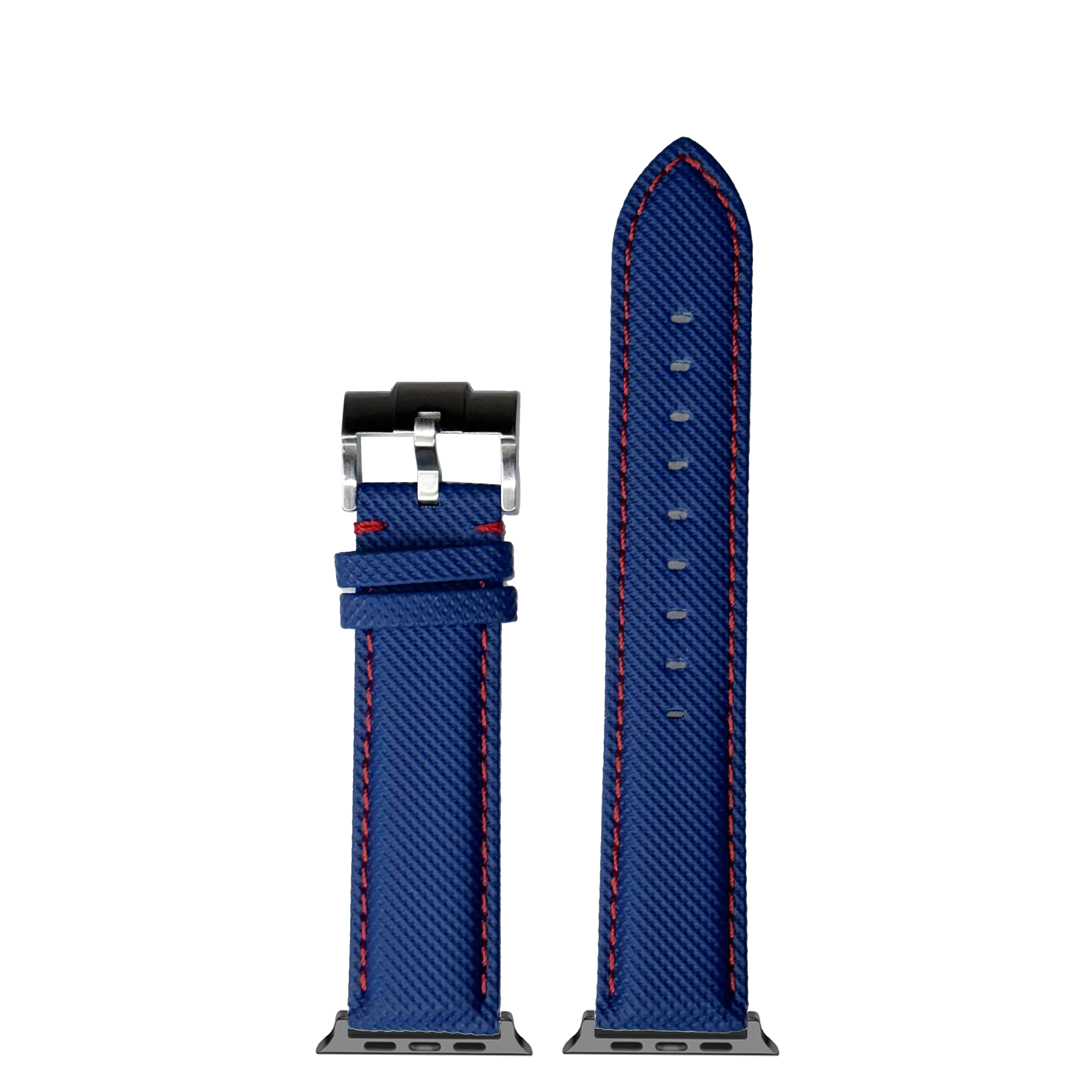 Blue sailcloth Apple Watch band with red stitching and stainless steel buckle