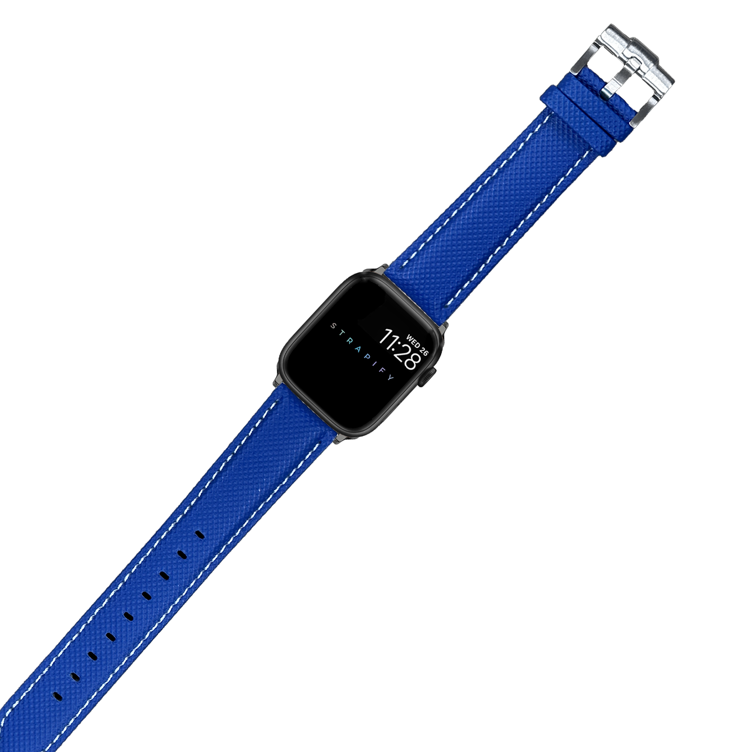 Electric blue sailcloth Apple Watch band with white stitching and stainless steel buckle