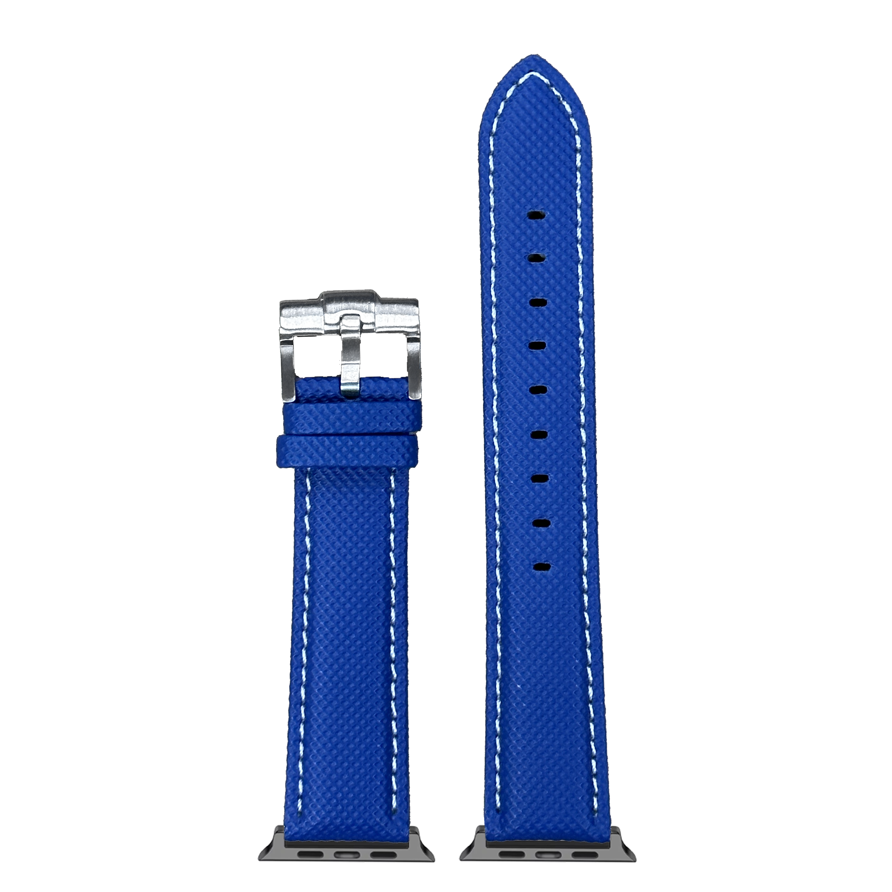 Blue sailcloth Apple Watch band with white stitching and silver buckle connector