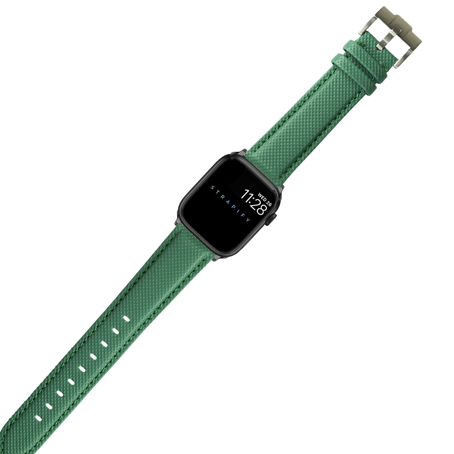 Smartwatch with black square face displaying time on green sailcloth band with silver buckle and adjustment holes