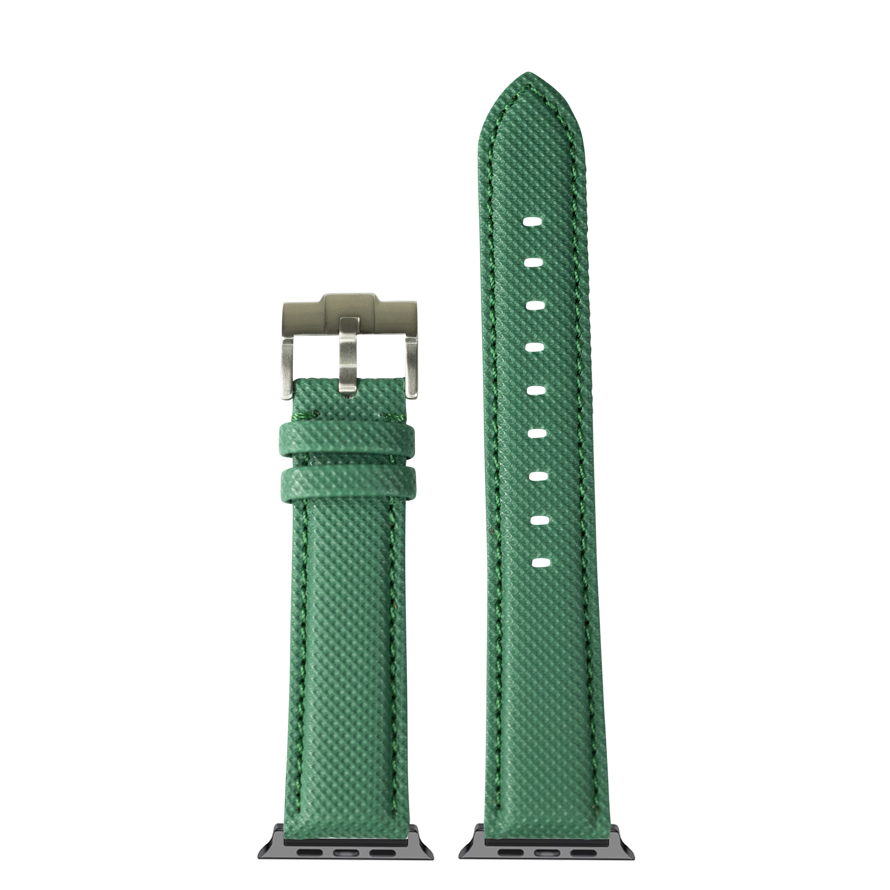 Green sailcloth Apple Watch band with stainless steel buckle, shown assembled and unattached with white stitching detail