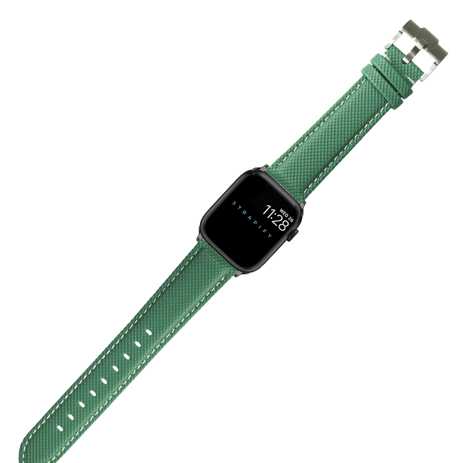Black smartwatch with emerald green sailcloth band featuring white stitching and silver buckle