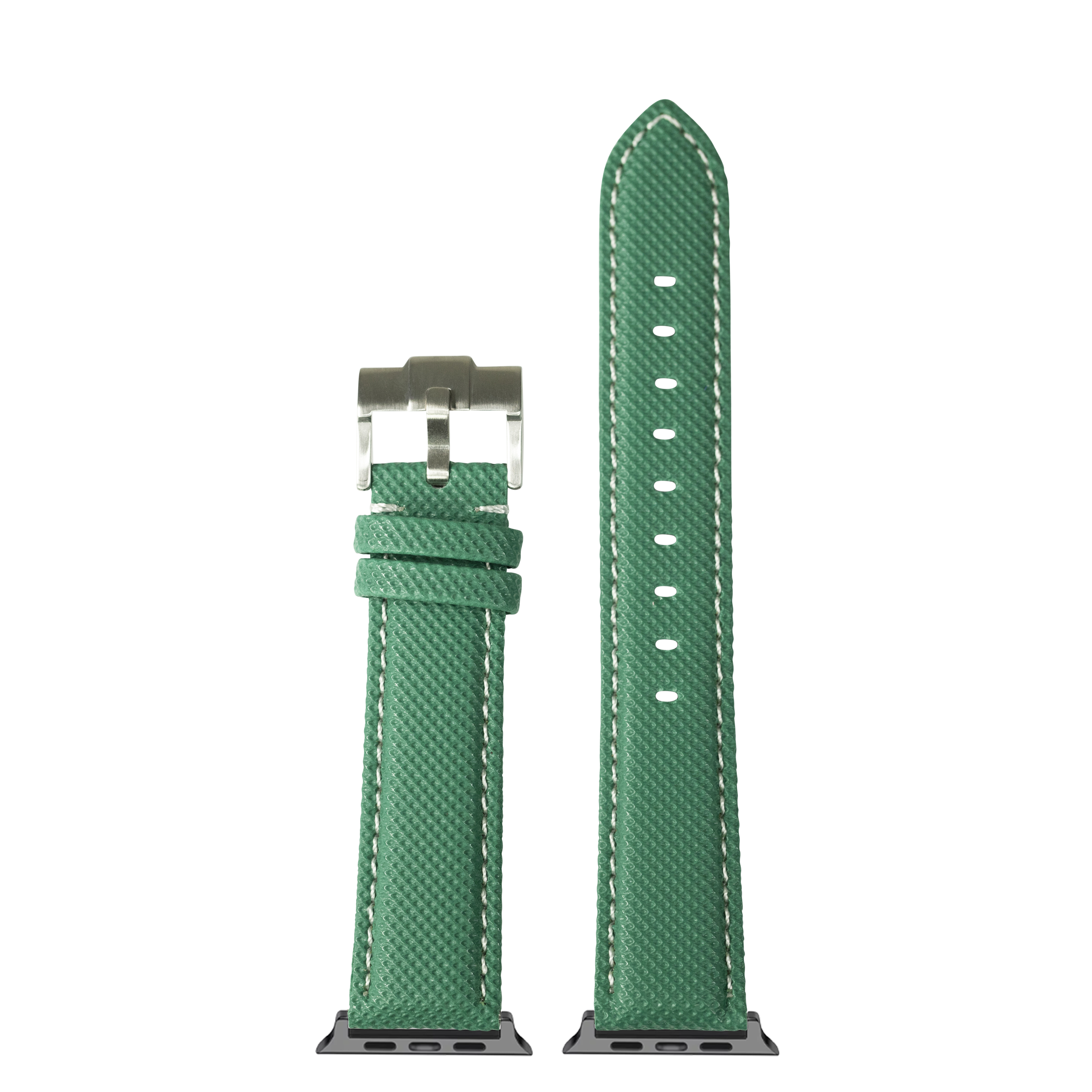 Green sailcloth Apple Watch band with white stitching and stainless steel buckle