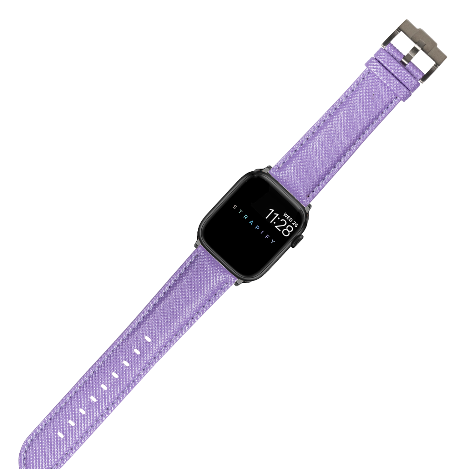 Lavender sailcloth Apple Watch band with black square case and adjustable fabric strap