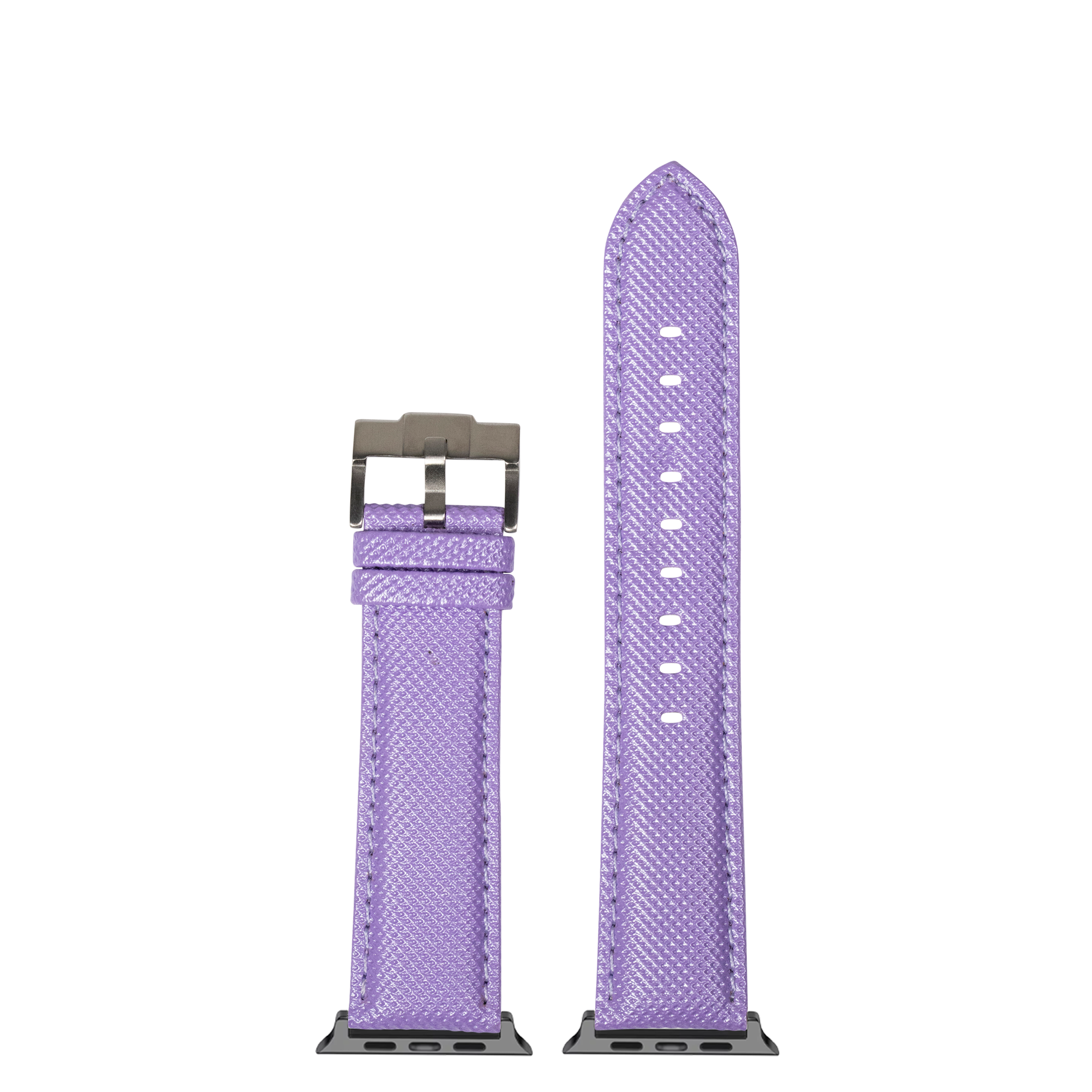 Purple sailcloth Apple Watch band with titanium buckle and lugs, displayed flat showing full length and adjustment holes