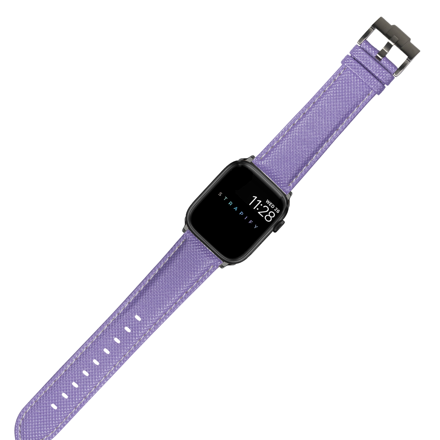 Smartwatch with black square face displaying time on purple sailcloth band with white stitching and black buckle