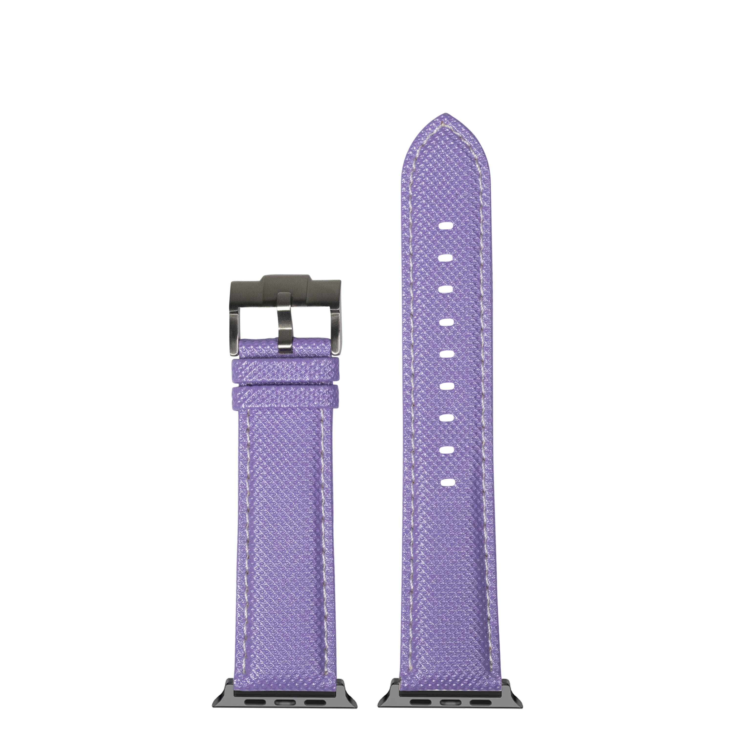 Purple sailcloth Apple Watch band with white stitching and gunmetal buckle, shown attached and unattached