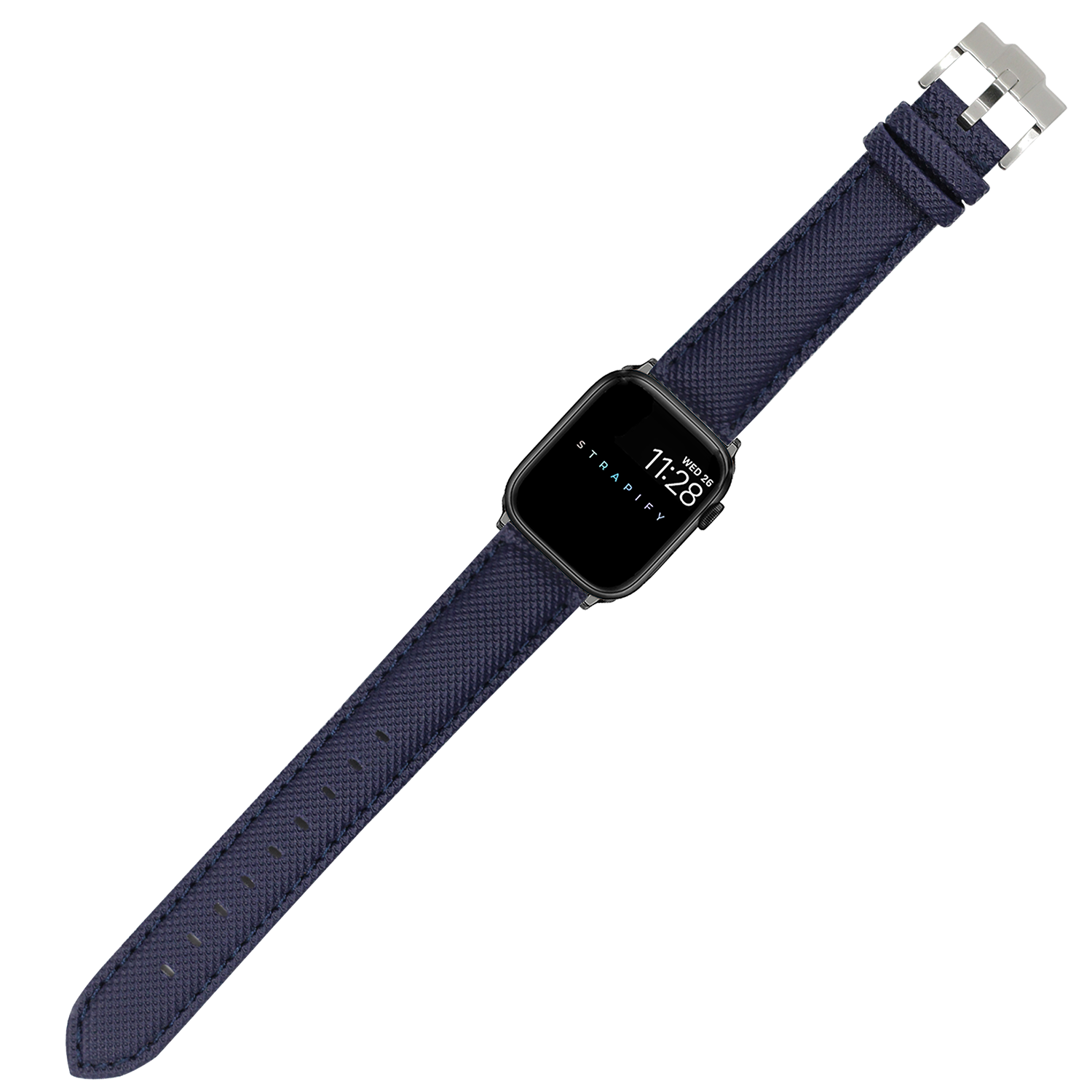 Navy blue sailcloth Apple Watch band with stainless steel buckle and digital watch face display