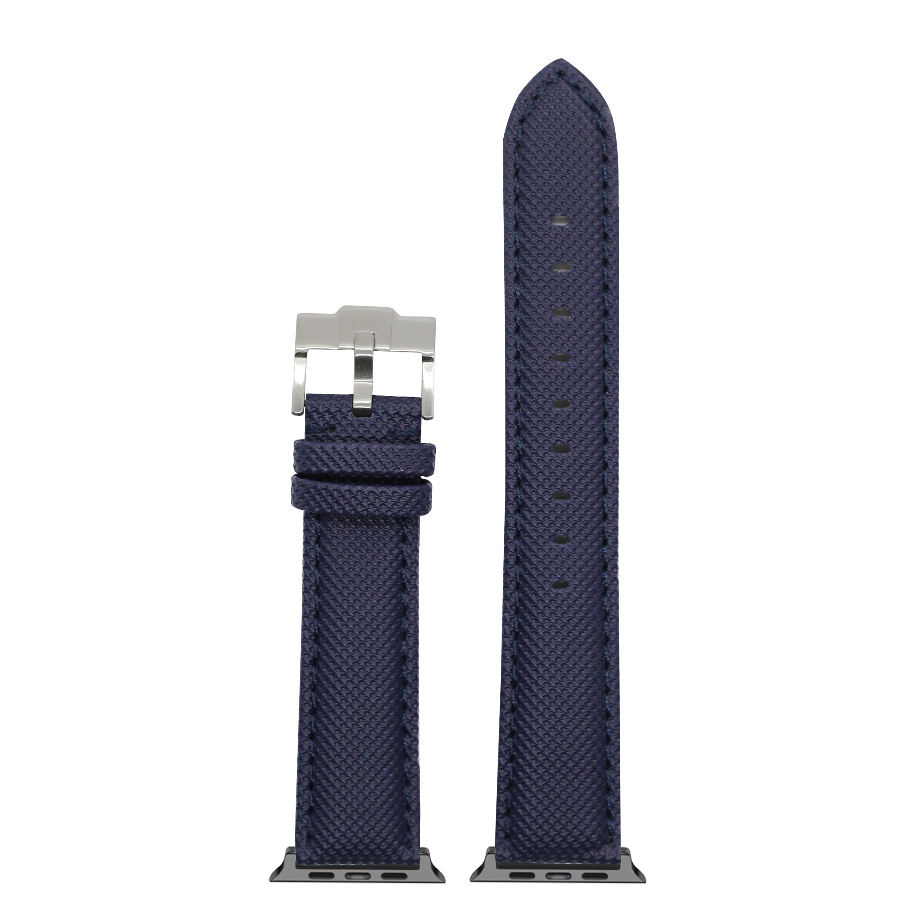 Navy blue sailcloth Apple Watch band with silver buckle and connector adapter, shown extended and folded