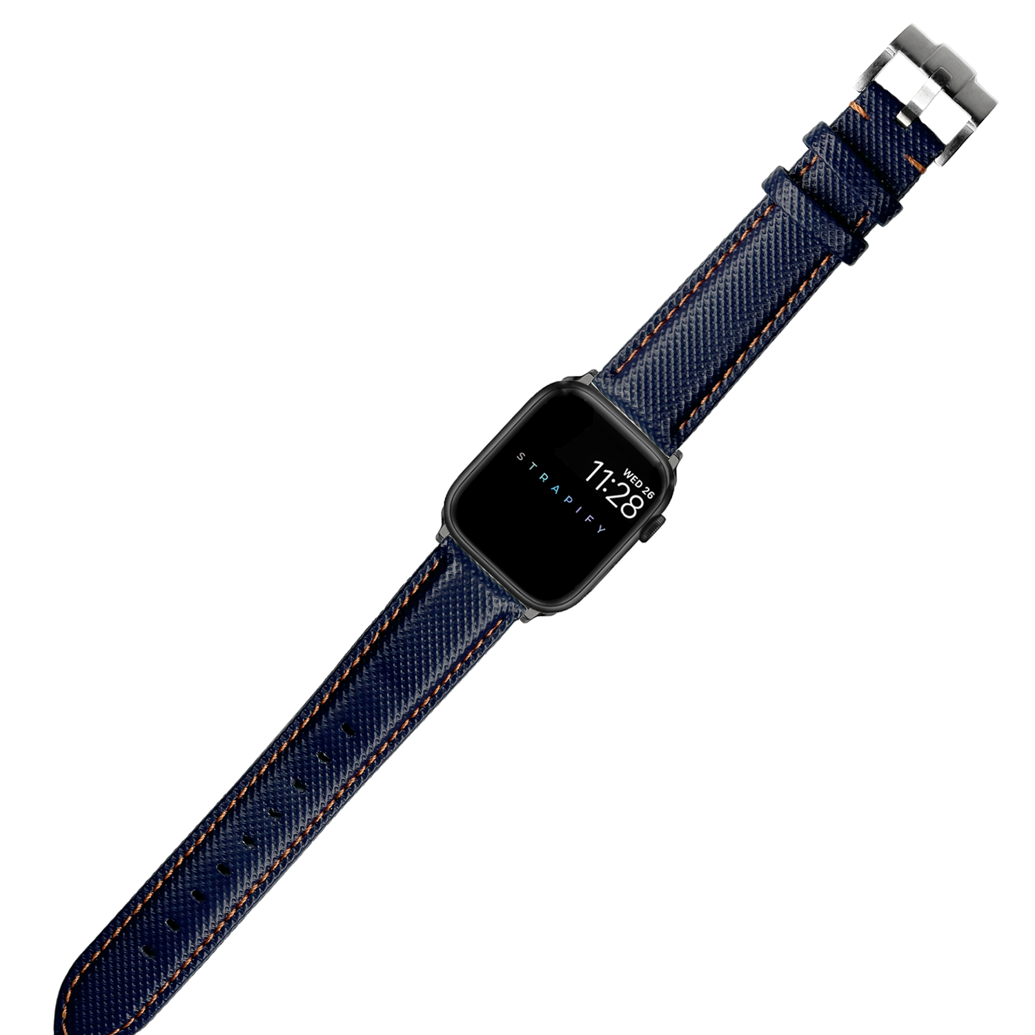 Navy blue sailcloth Apple Watch band with orange stitching and stainless steel hardware connector