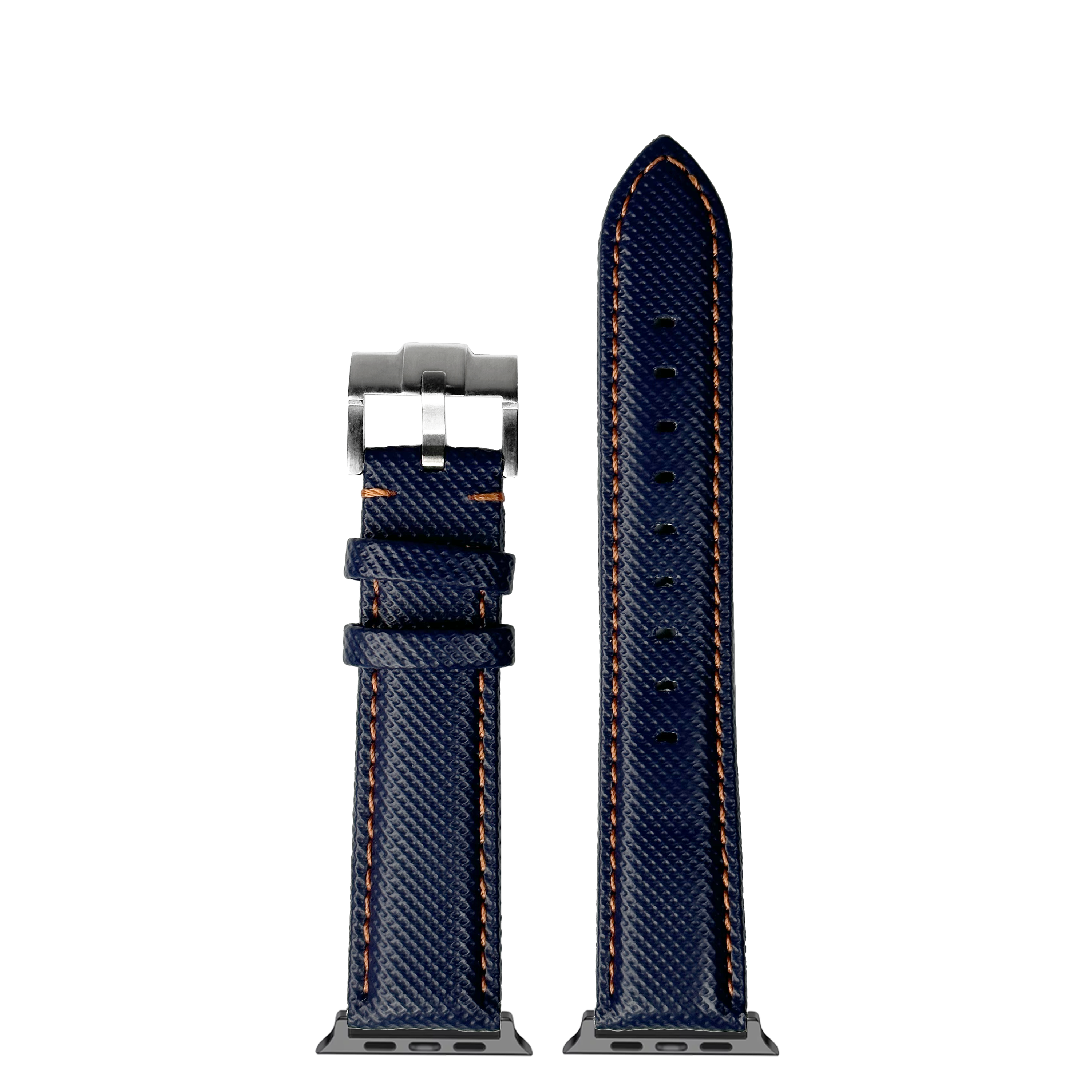 Navy blue sailcloth Apple Watch band with orange stitching and stainless steel buckle connector