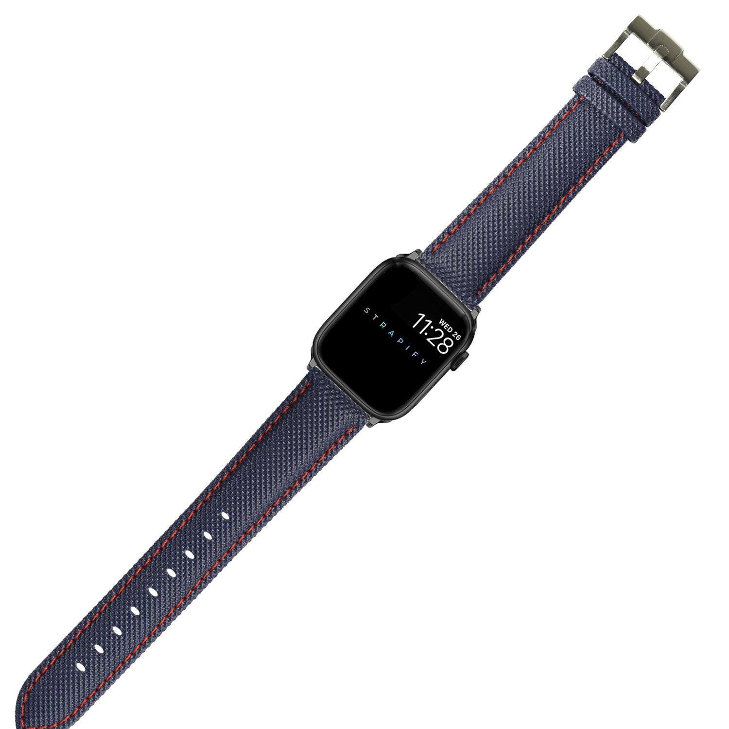 Navy blue sailcloth Apple Watch band with red stitching and olive hardware on black smartwatch face