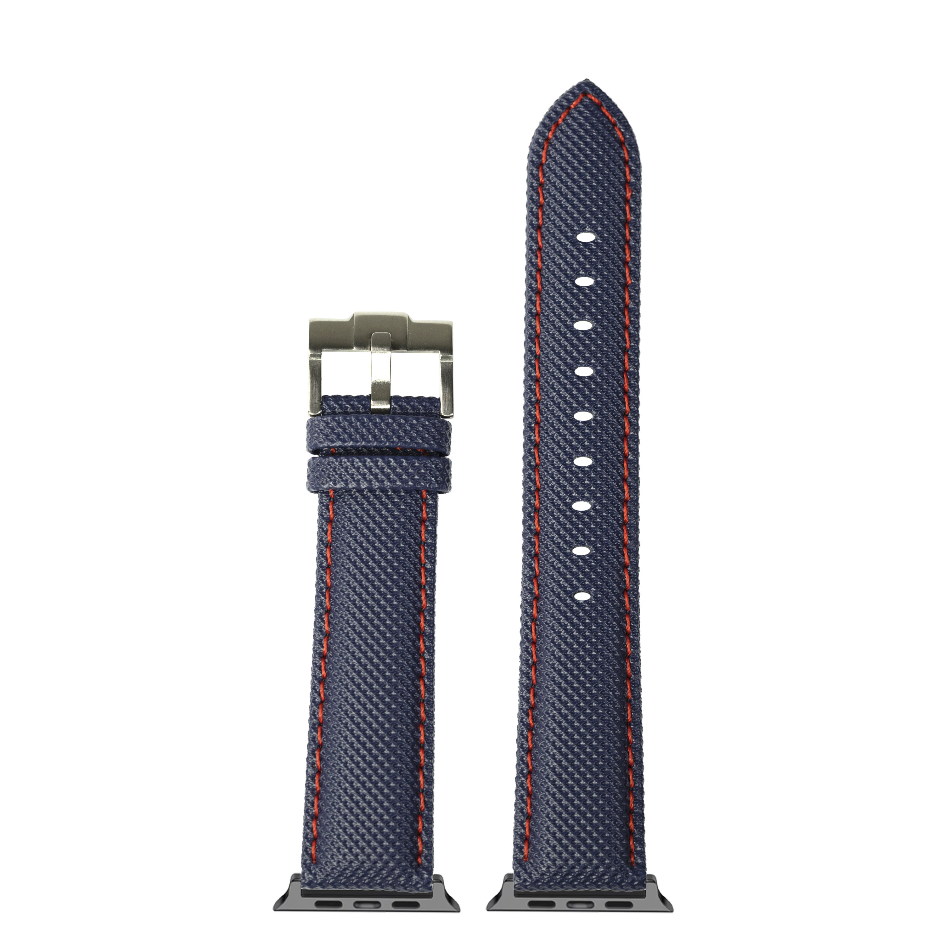 Navy blue sailcloth Apple Watch band with red stitching and gunmetal buckle, shown with connector adapters