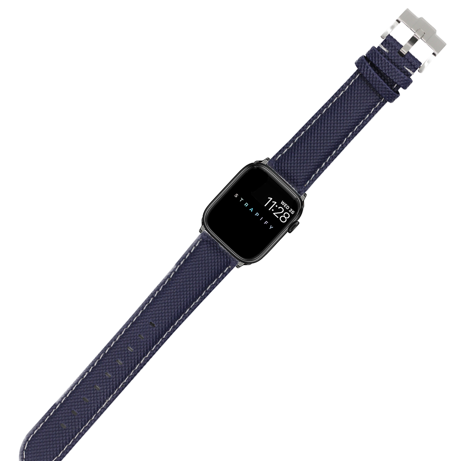 Navy blue sailcloth Apple Watch band with white stitching and stainless steel buckle connector
