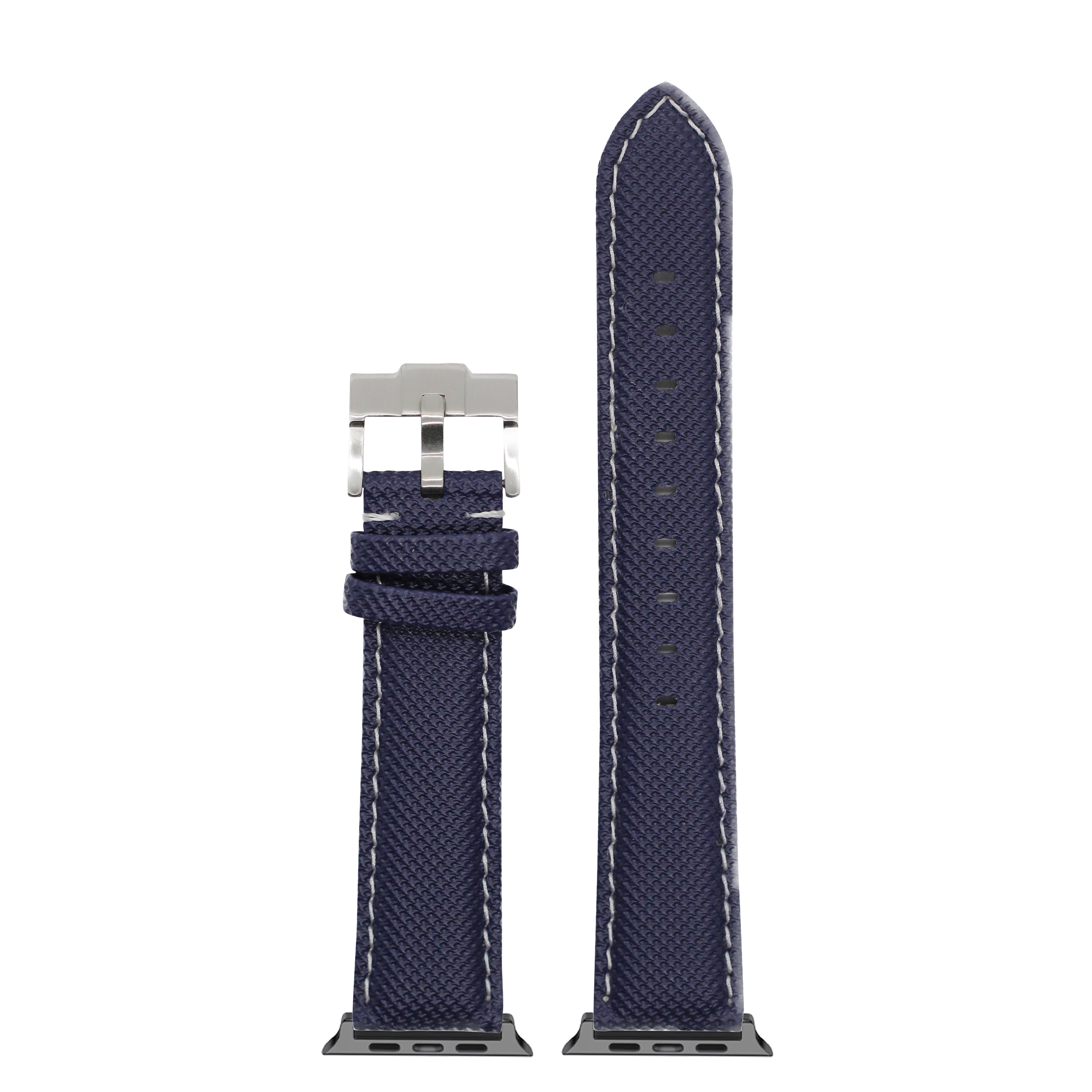 Navy blue sailcloth Apple Watch band with white stitching and silver buckle connector shown extended and coiled