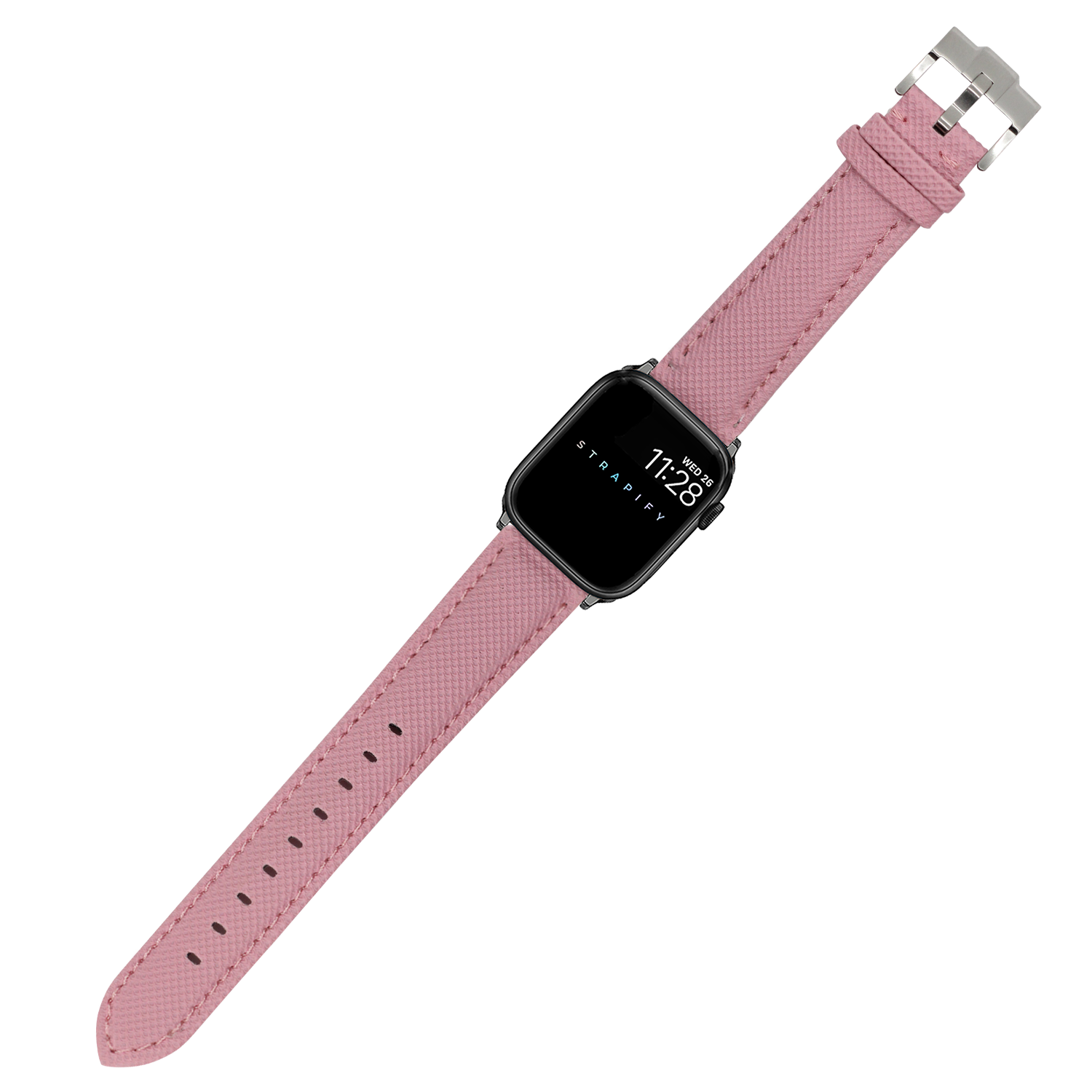 Pink sailcloth Apple Watch band with silver buckle and black square case displaying time
