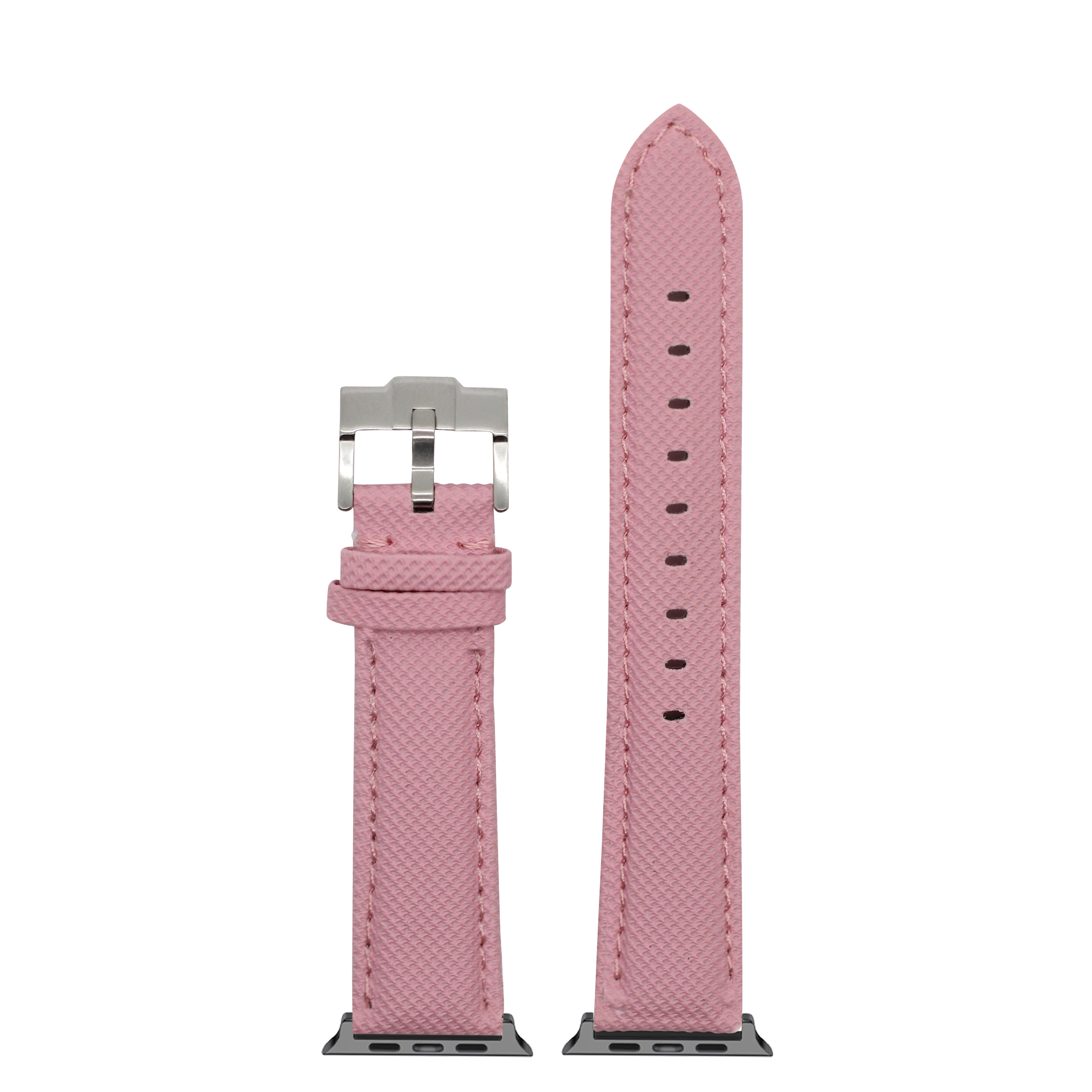 Pink sailcloth Apple Watch band with silver buckle and adjustable sizing holes displayed flat
