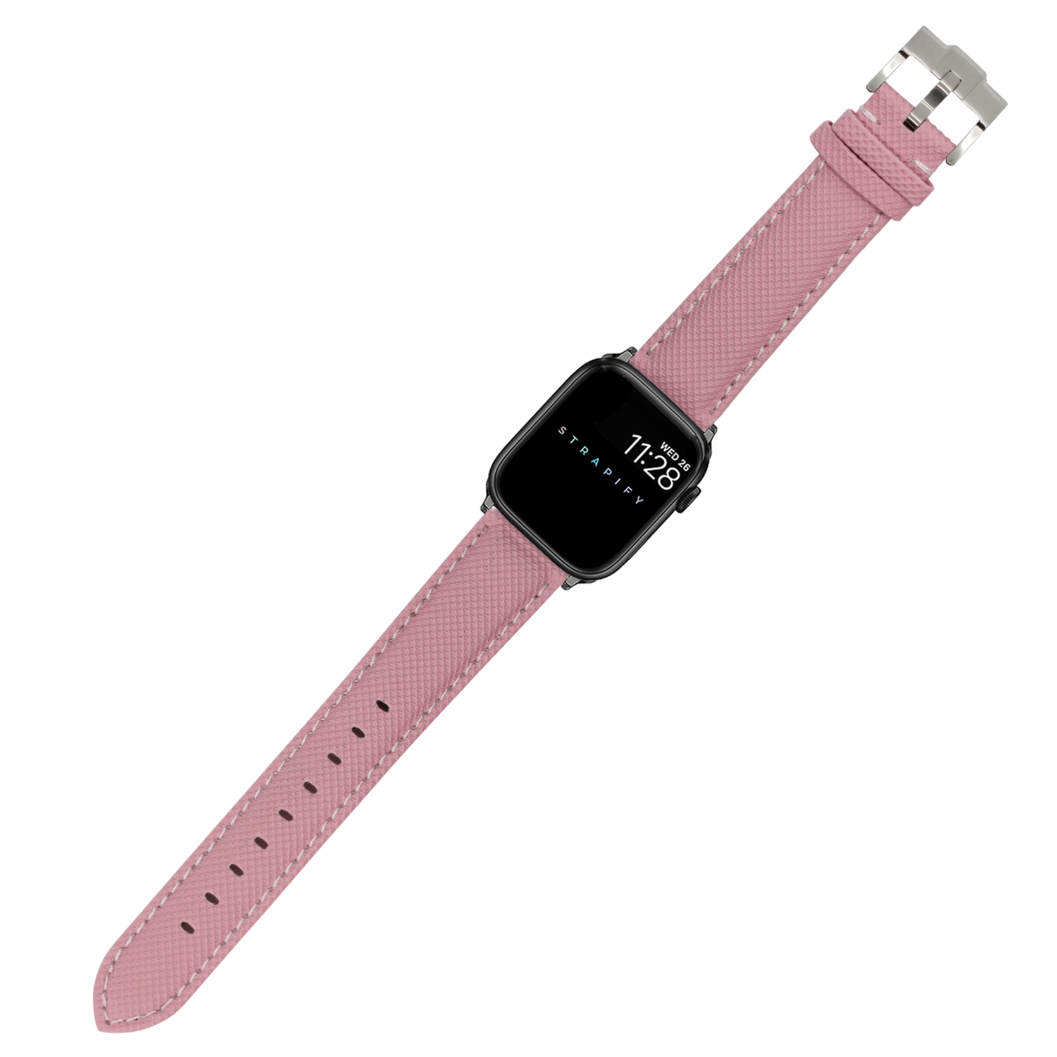 Square smartwatch with black face and pink sailcloth band featuring white stitching and silver buckle clasp