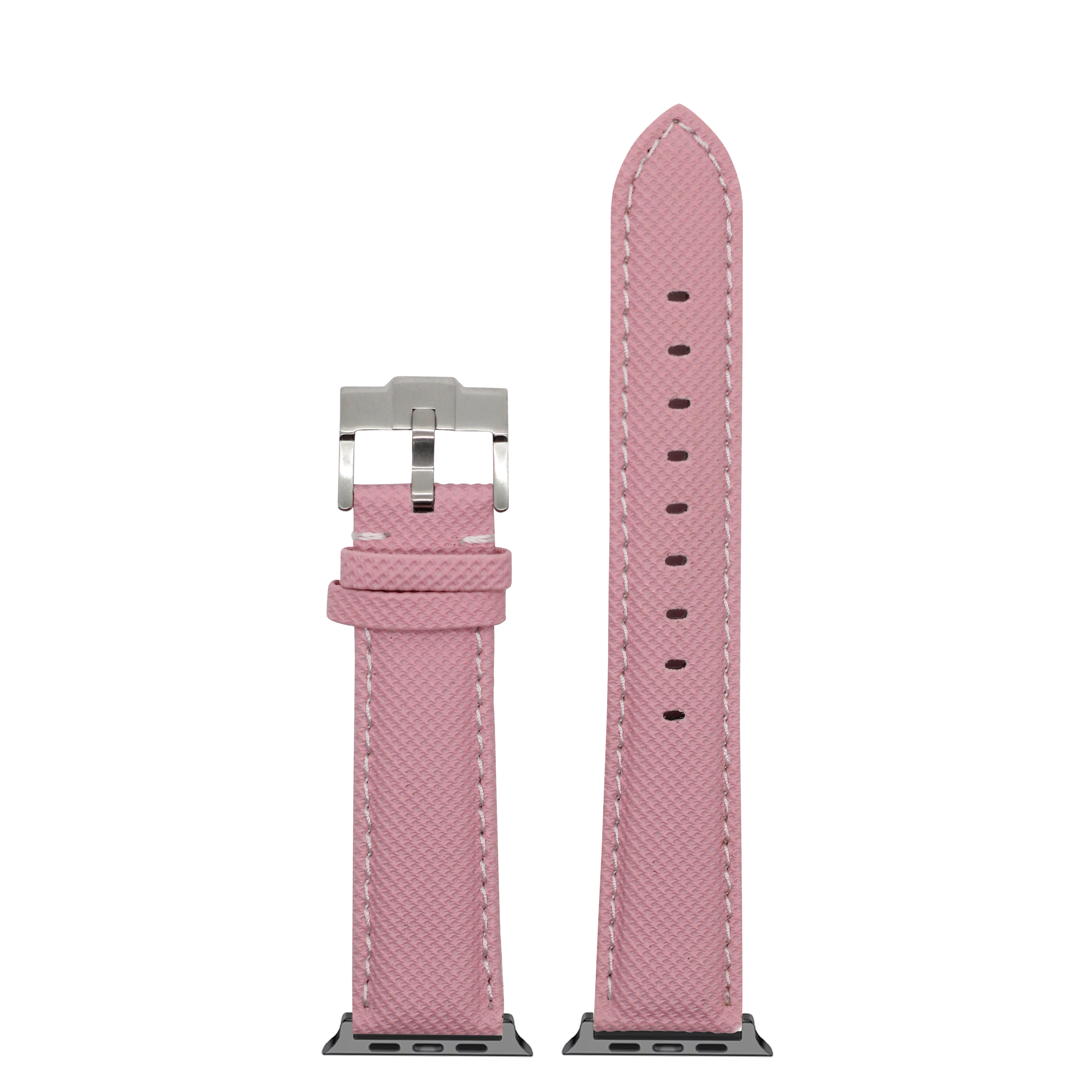 Pink sailcloth Apple Watch band with white stitching and stainless steel buckle