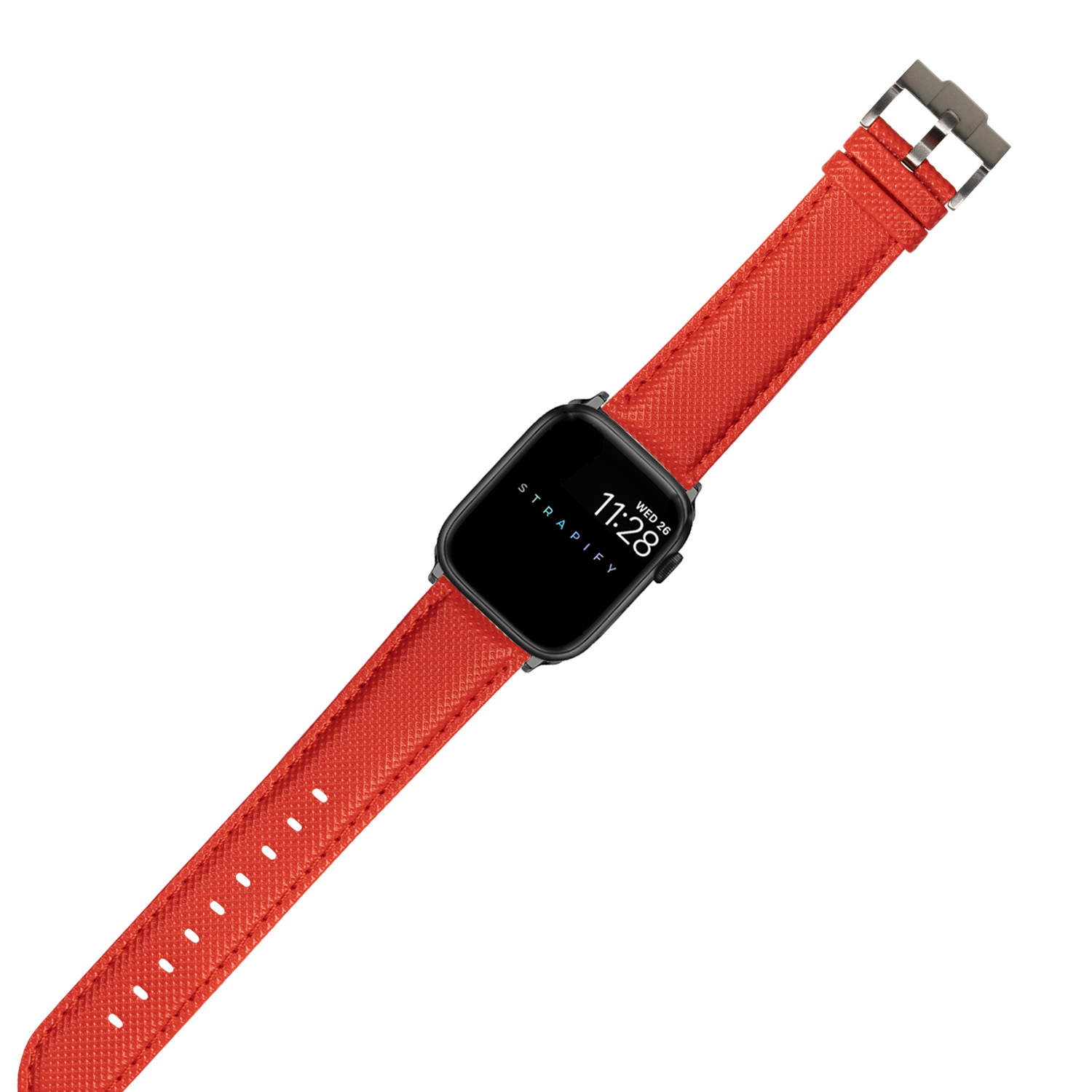 Black smartwatch with red sailcloth band and metal buckle, displaying time and date on screen