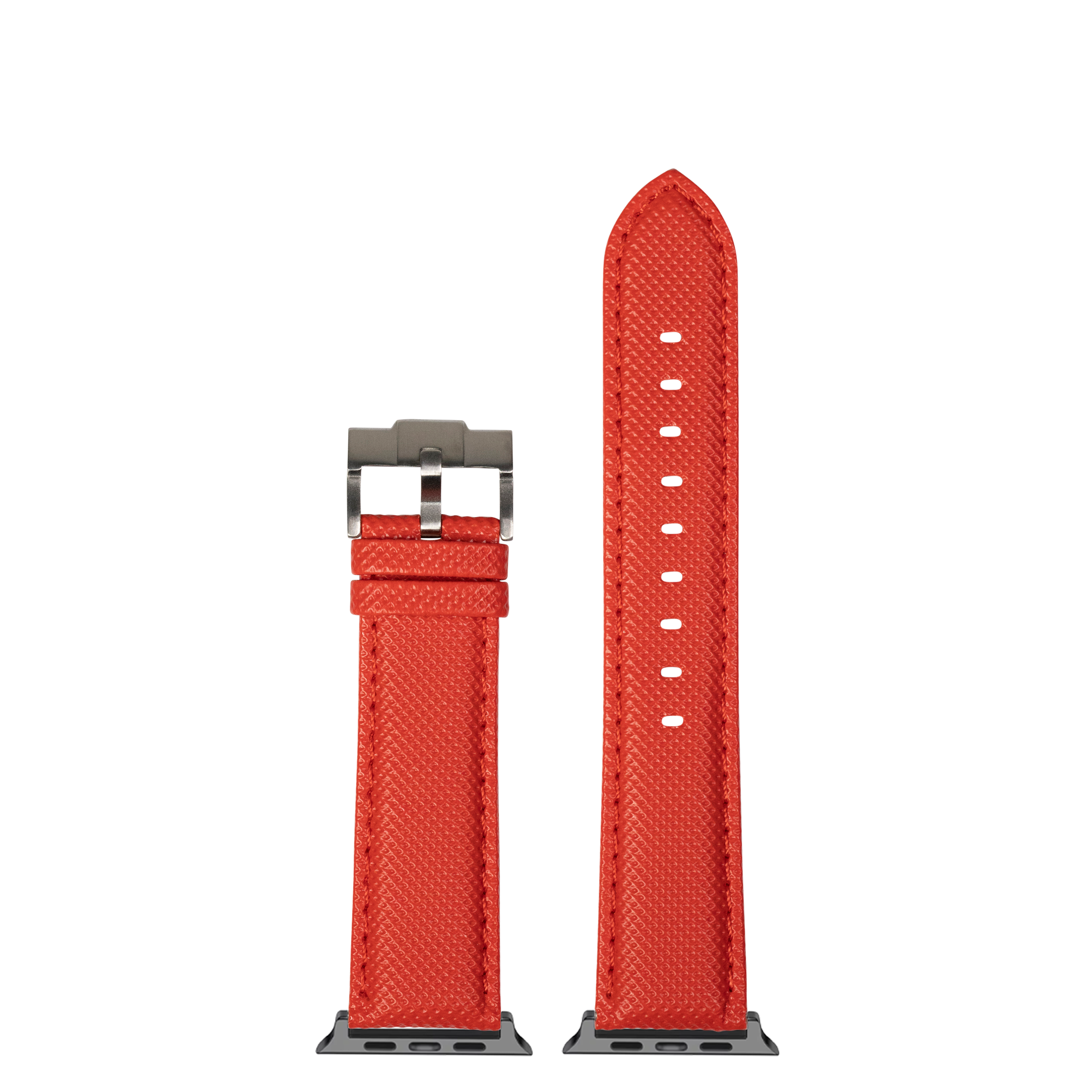 Red sailcloth Apple Watch band with titanium buckle and adjustment holes, shown assembled and laid flat