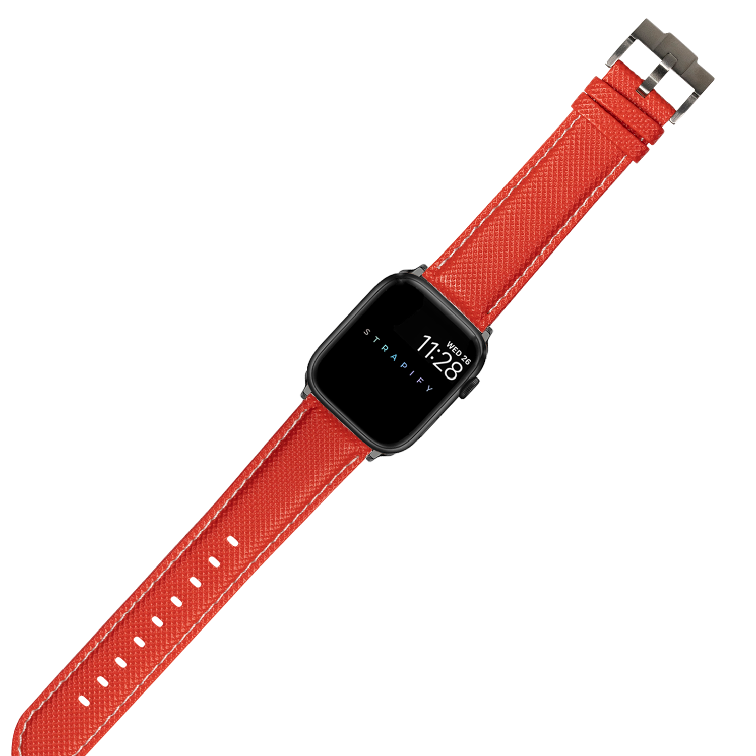 Red sailcloth Apple Watch band with white stitching and gunmetal buckle, displayed on smartwatch with black case