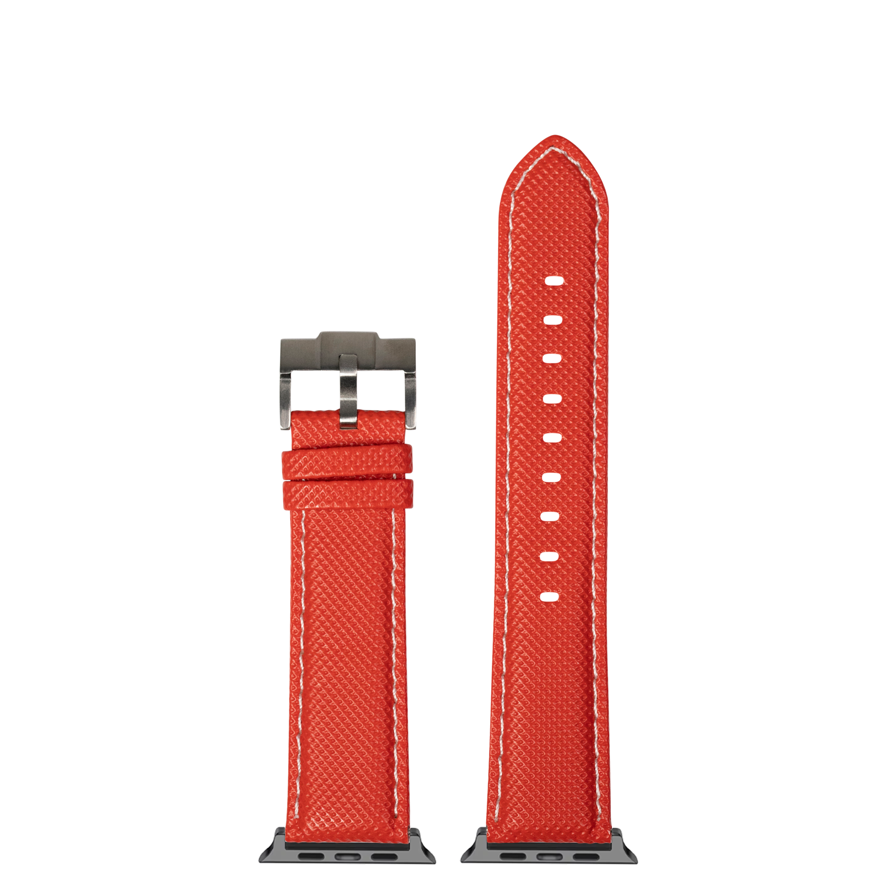 Red sailcloth Apple Watch band with white stitching and gunmetal buckle, shown assembled and disassembled