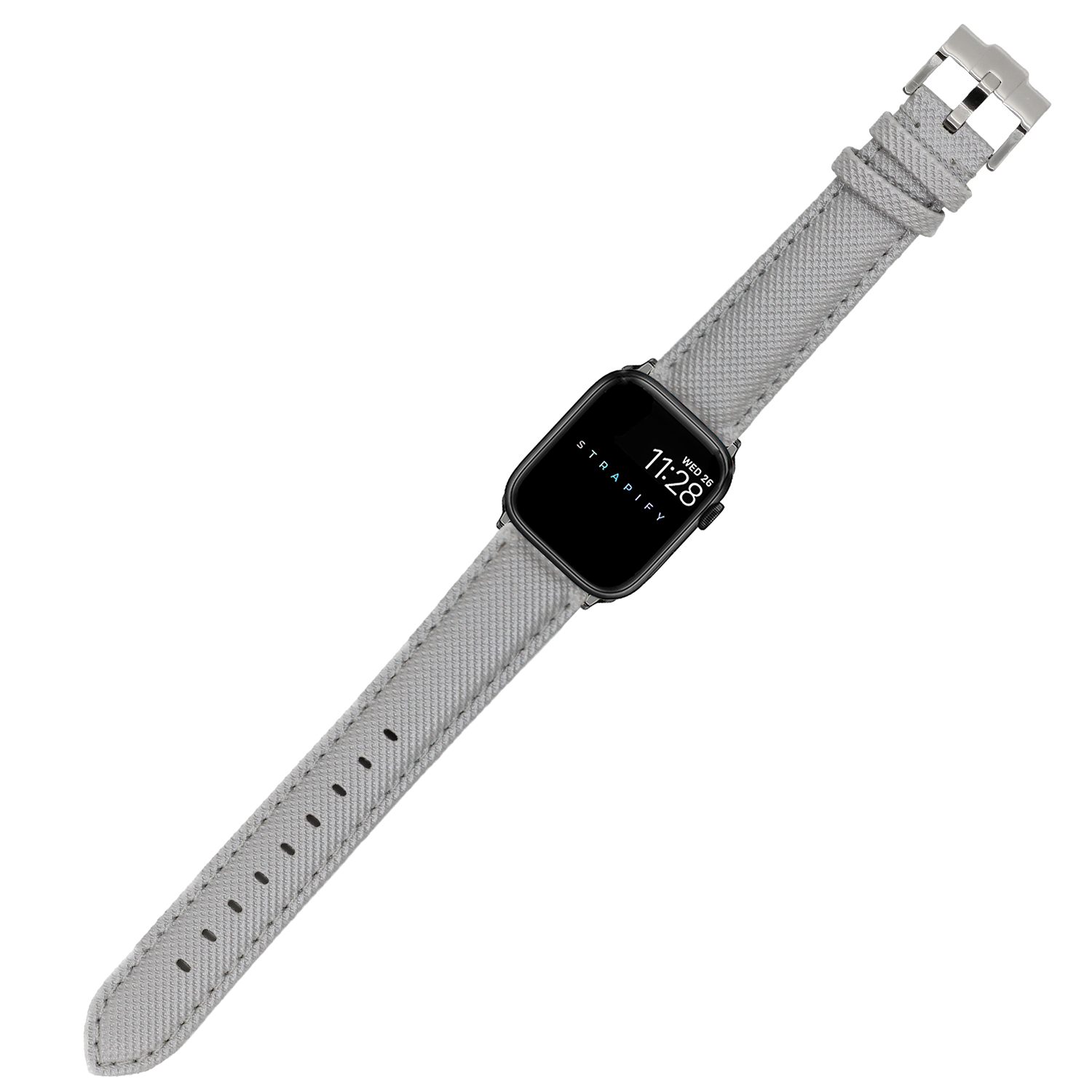 Silver grey sailcloth smartwatch band with stainless steel buckle for Apple Watch, displayed at diagonal angle
