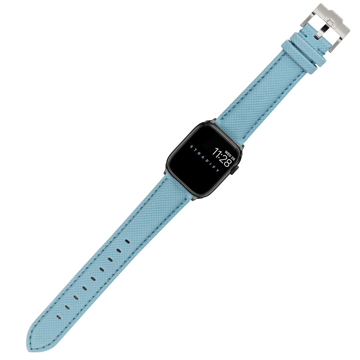 Apple Watch with sky blue sailcloth band and silver square case displaying 11:28 time