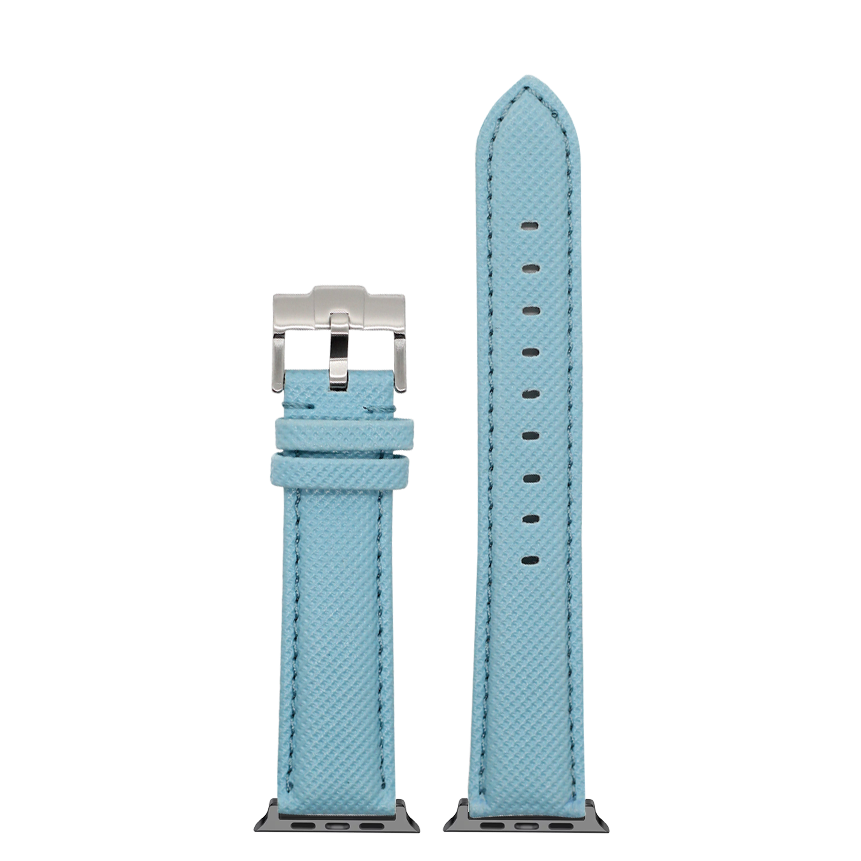 Sky blue sailcloth Apple Watch band with silver buckle and adjustment holes, displayed assembled and unattached
